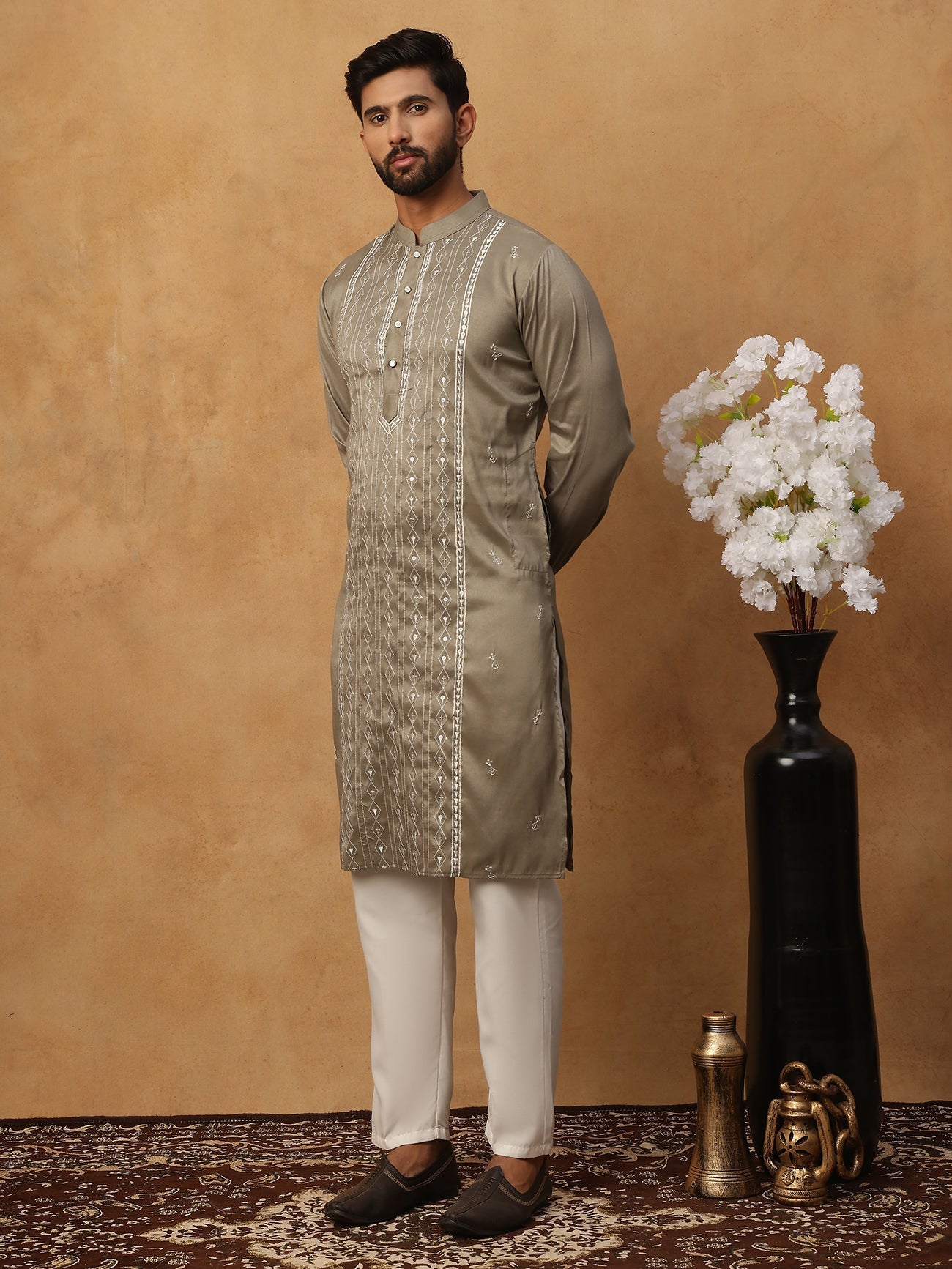 Luxury Silk Blend Thread Work Kurta Pyjama Set (65KP 5432 Beige ) [FF] [B-9]