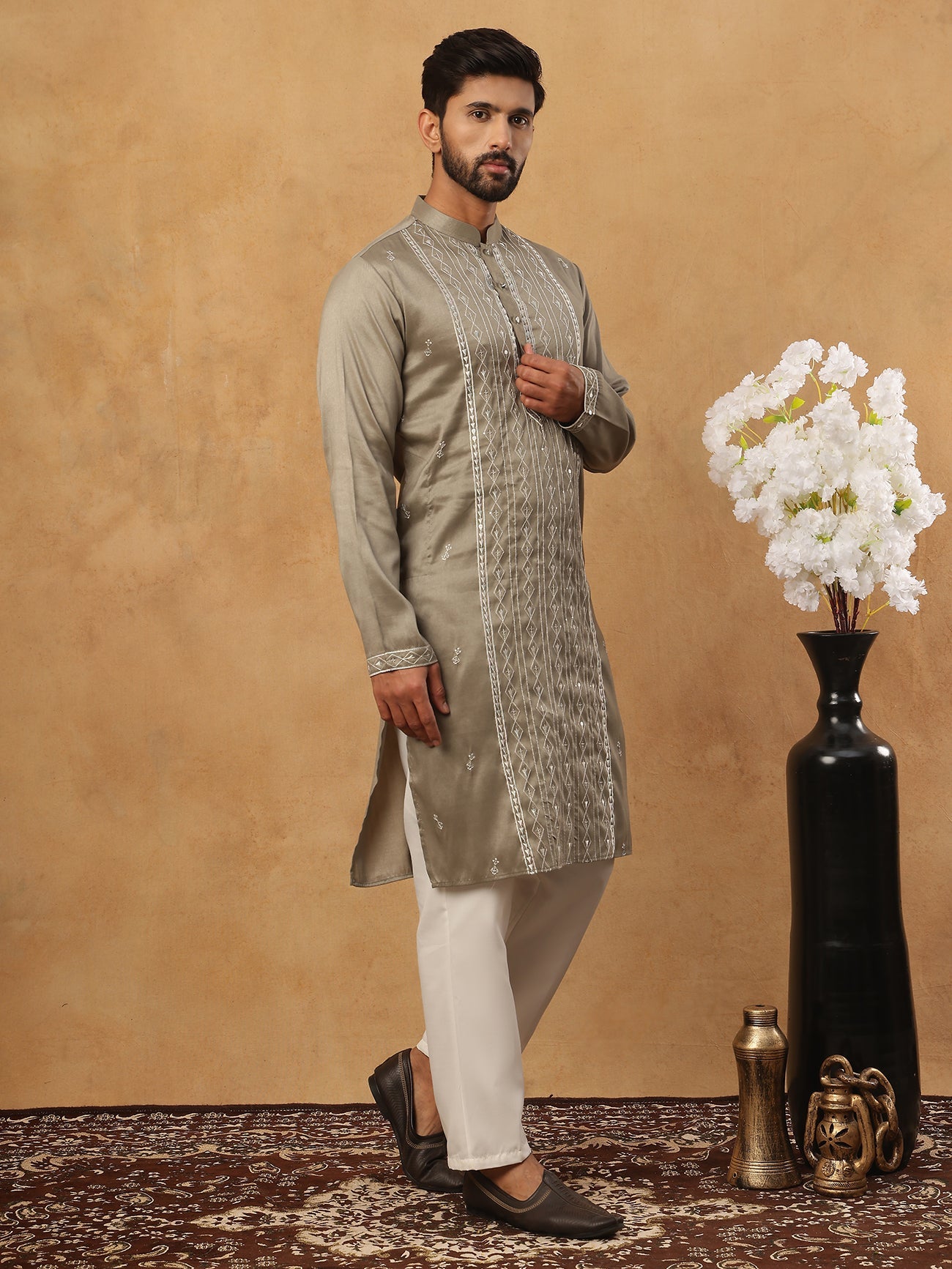 Luxury Silk Blend Thread Work Kurta Pyjama Set (65KP 5432 Beige ) [FF] [B-9]