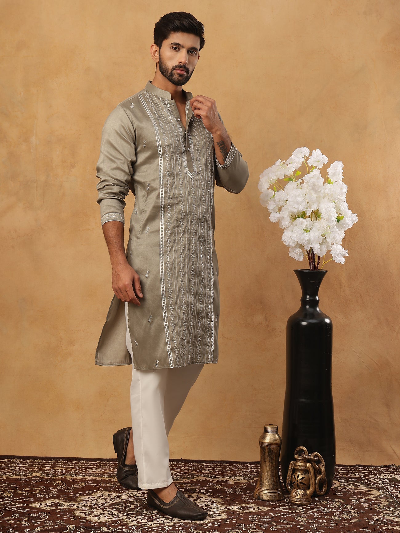 Luxury Silk Blend Thread Work Kurta Pyjama Set (65KP 5432 Beige ) [FF] [B-9]
