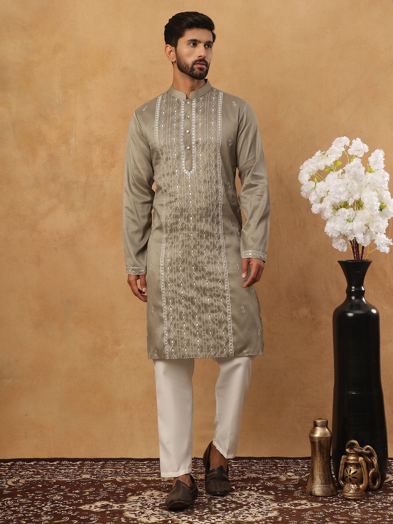 Luxury Silk Blend Thread Work Kurta Pyjama Set (65KP 5432 Beige ) [FF] [B-9]