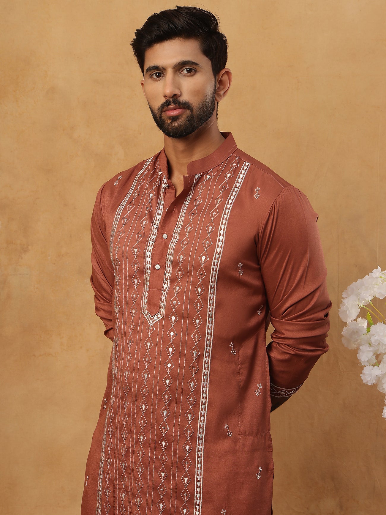 Luxury Silk Blend Thread Work Kurta Pyjama Set (65KP 5432 Brown ) [FF] [B-9]