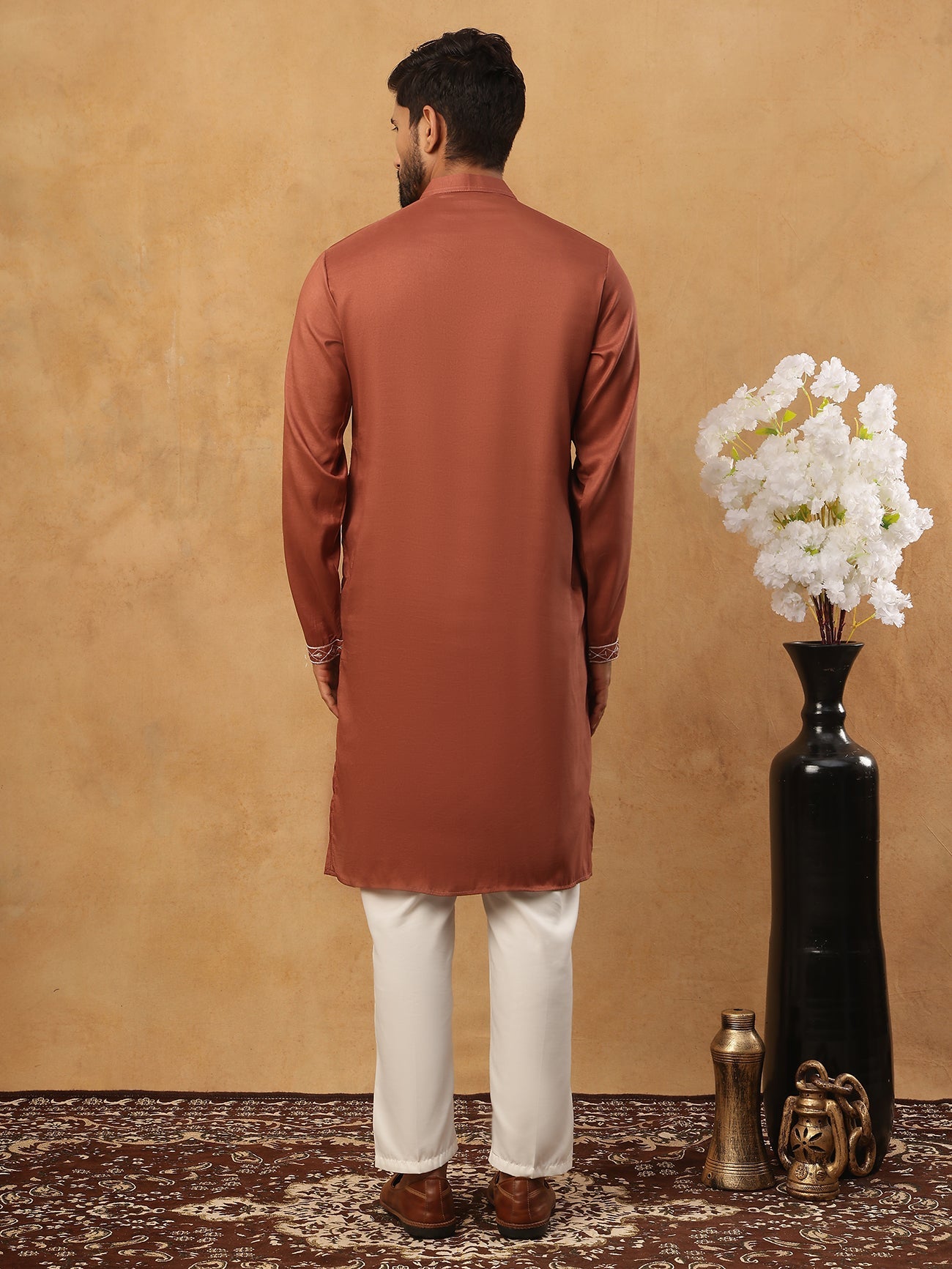 Luxury Silk Blend Thread Work Kurta Pyjama Set (65KP 5432 Brown ) [FF] [B-9]