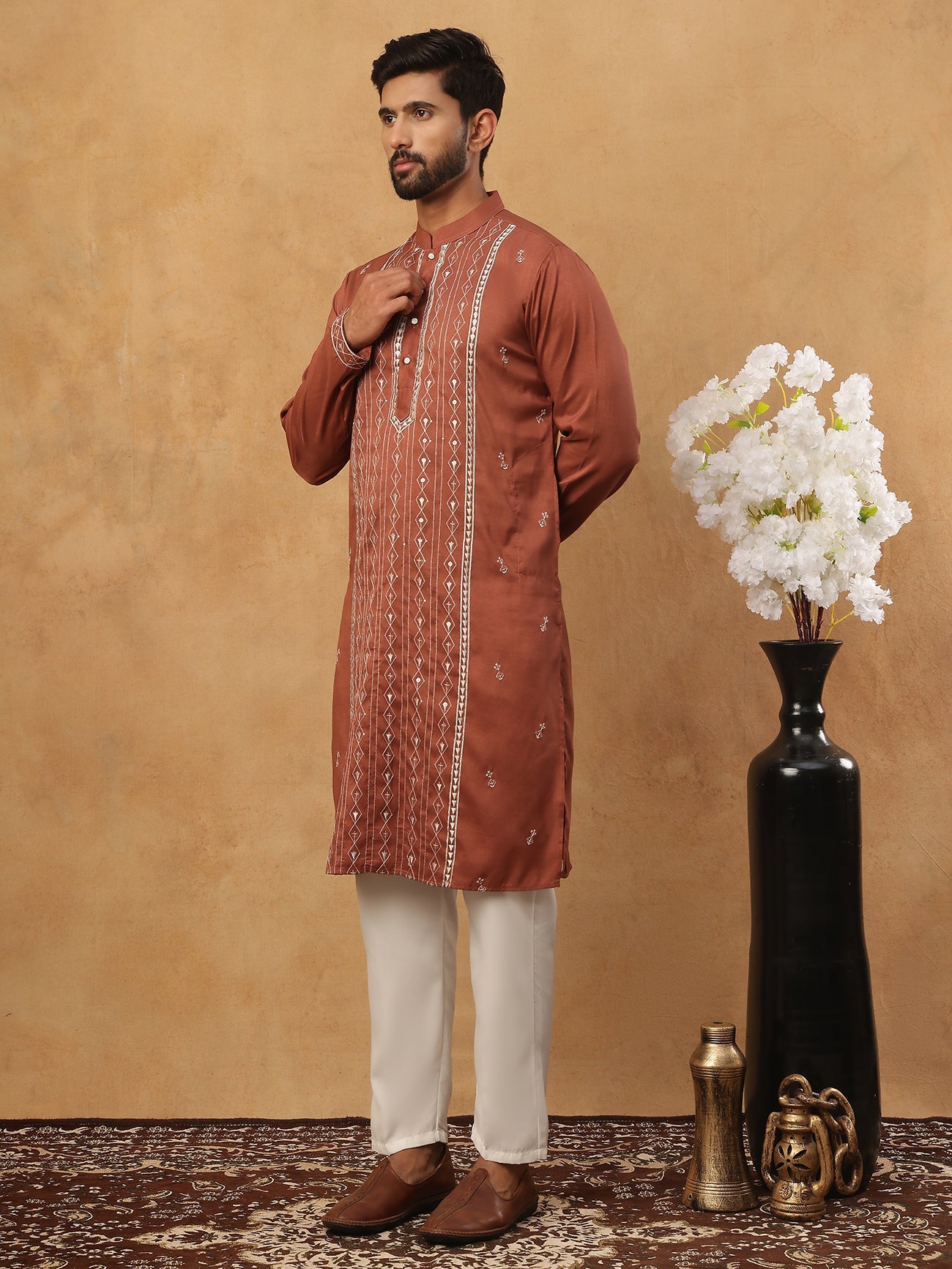 Luxury Silk Blend Thread Work Kurta Pyjama Set (65KP 5432 Brown ) [FF] [B-9]