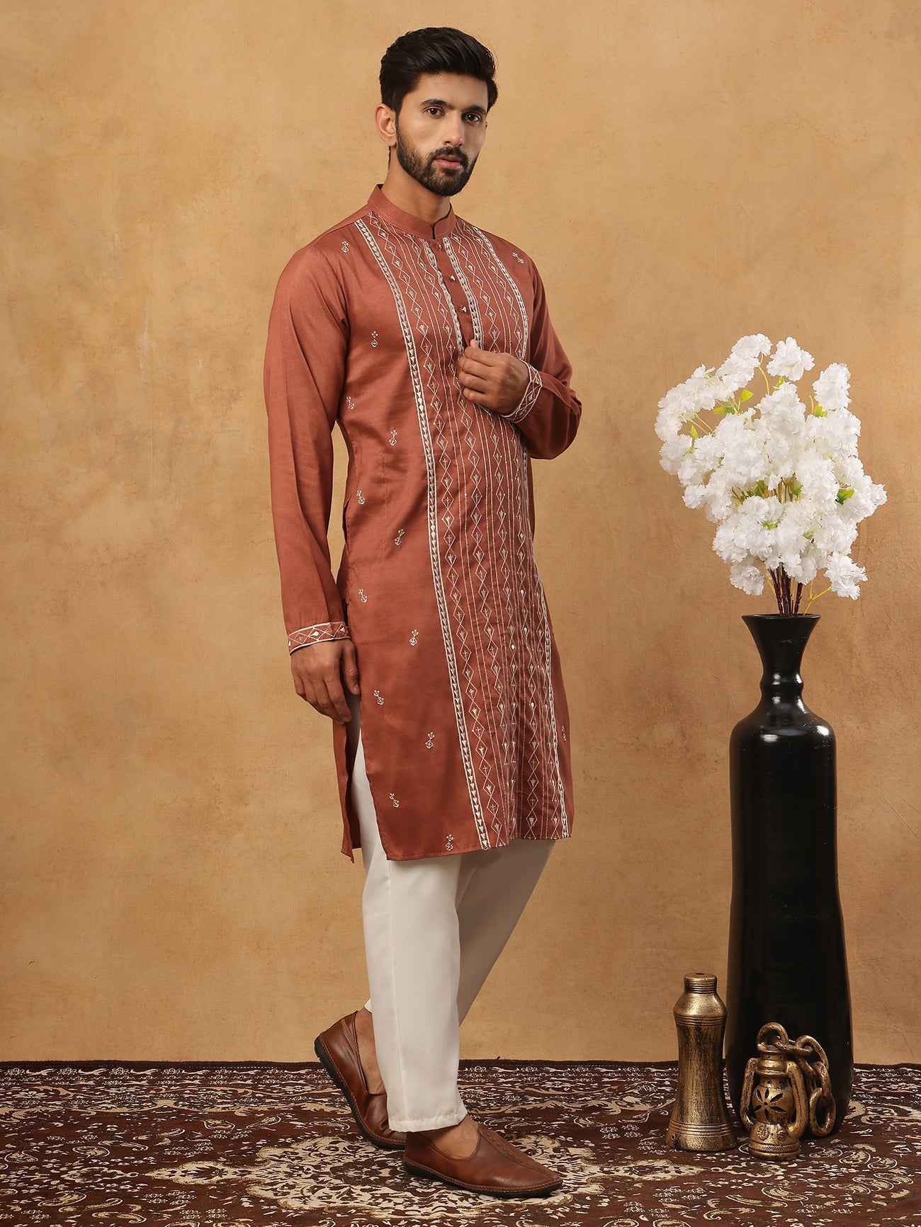 Luxury Silk Blend Thread Work Kurta Pyjama Set (65KP 5432 Brown ) [FF] [B-9]
