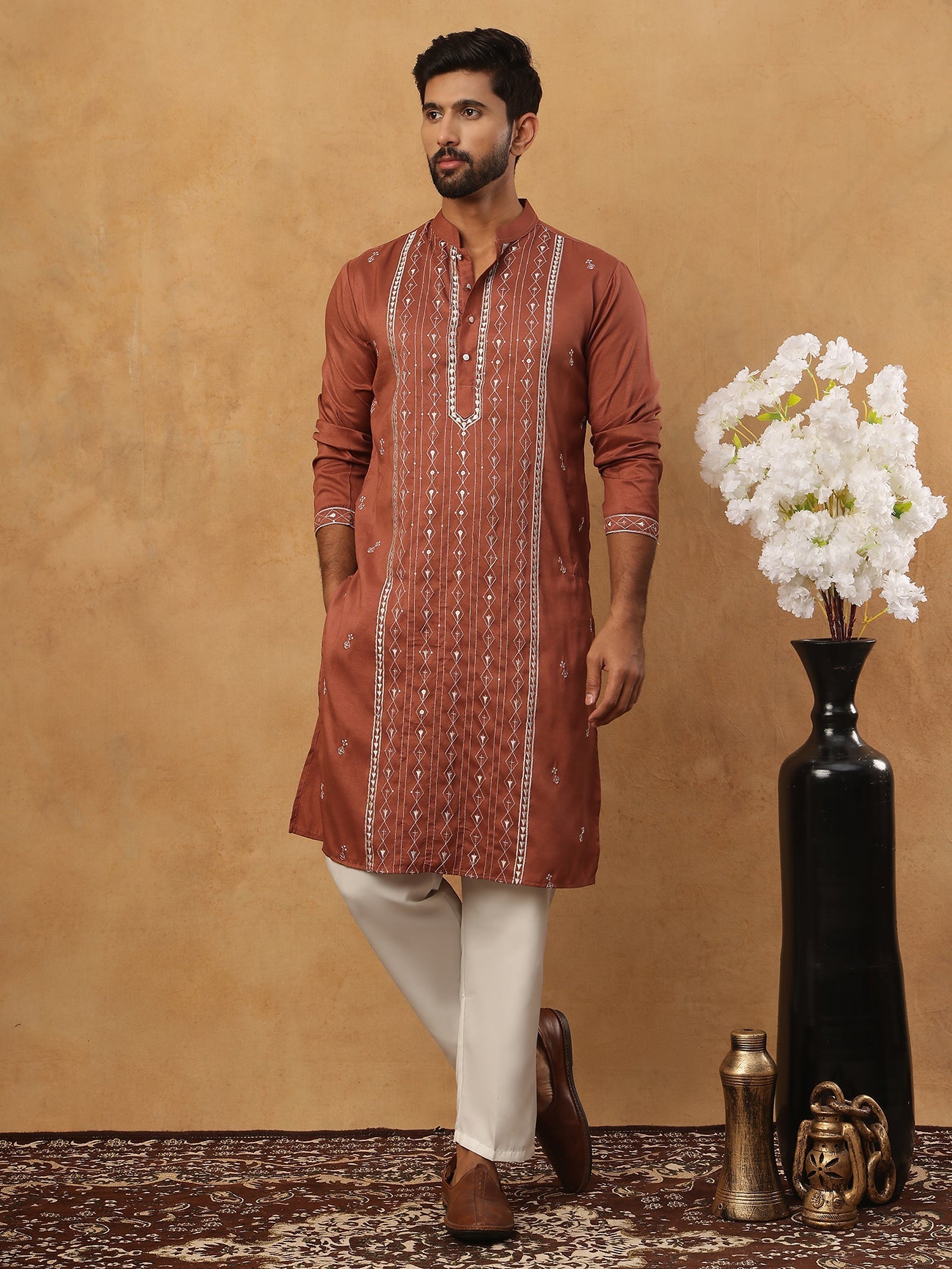 Luxury Silk Blend Thread Work Kurta Pyjama Set (65KP 5432 Brown ) [FF] [B-9]