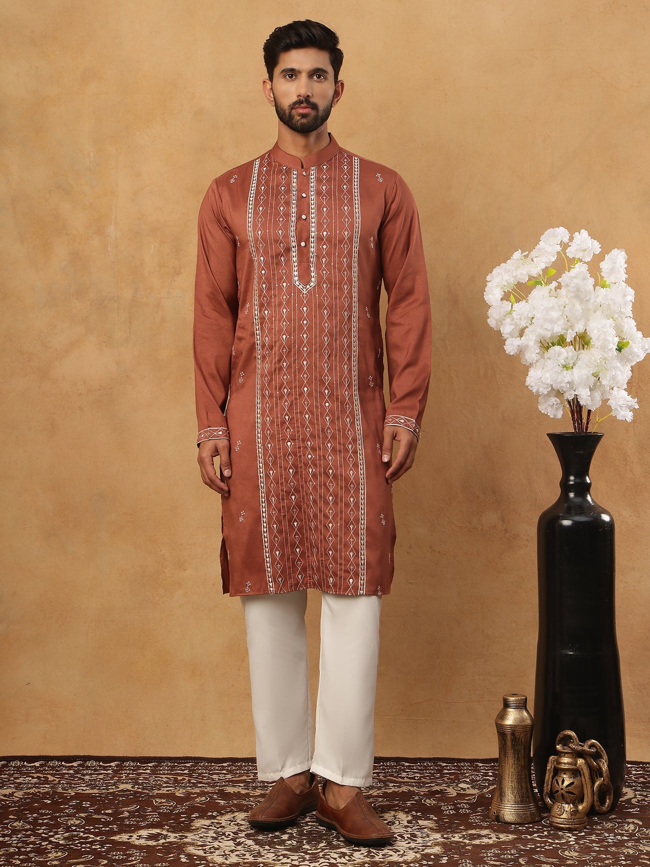 Luxury Silk Blend Thread Work Kurta Pyjama Set (65KP 5432 Brown ) [FF] [B-9]