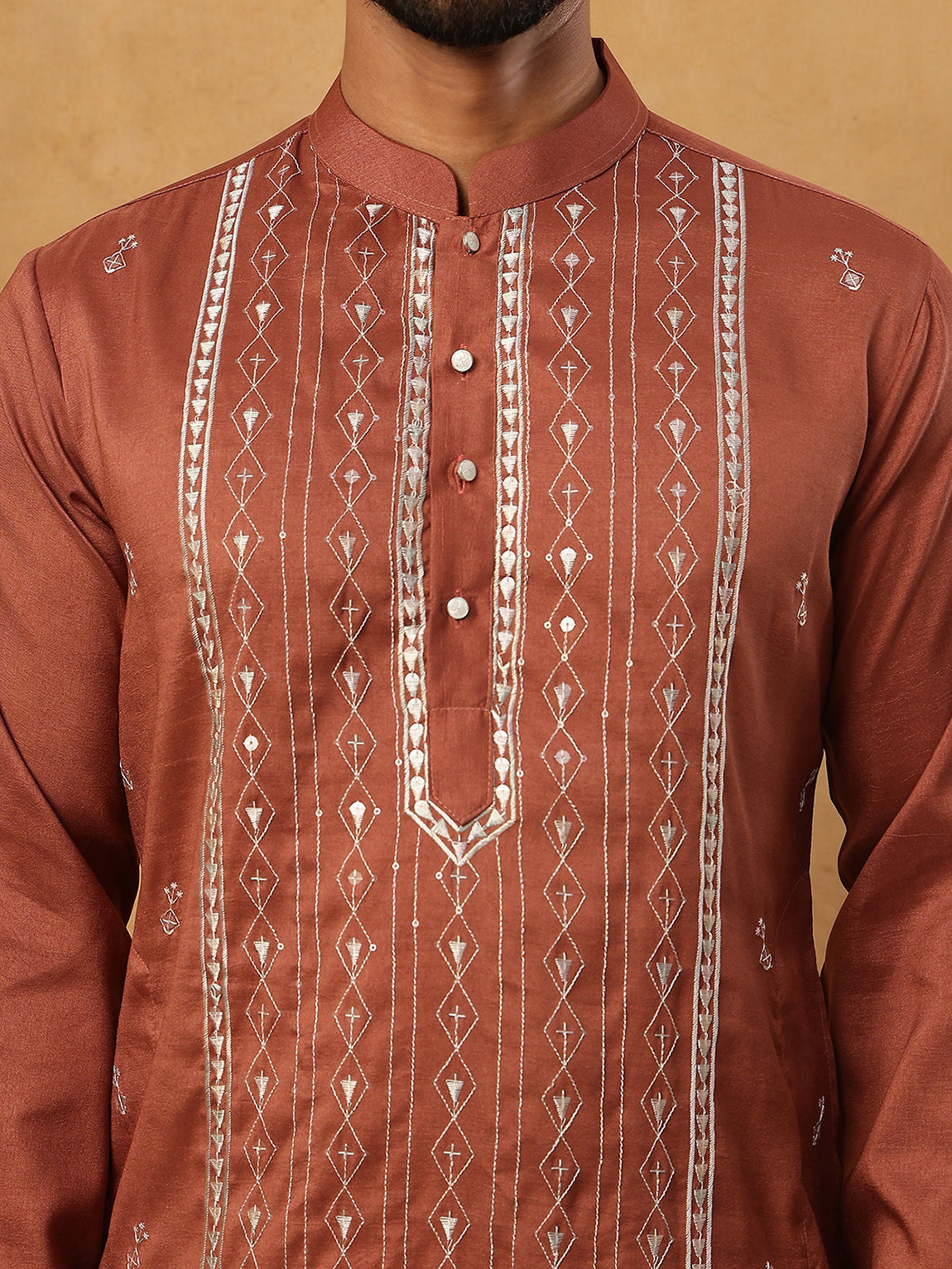 Luxury Silk Blend Thread Work Kurta Pyjama Set (65KP 5432 Brown ) [FF] [B-9]