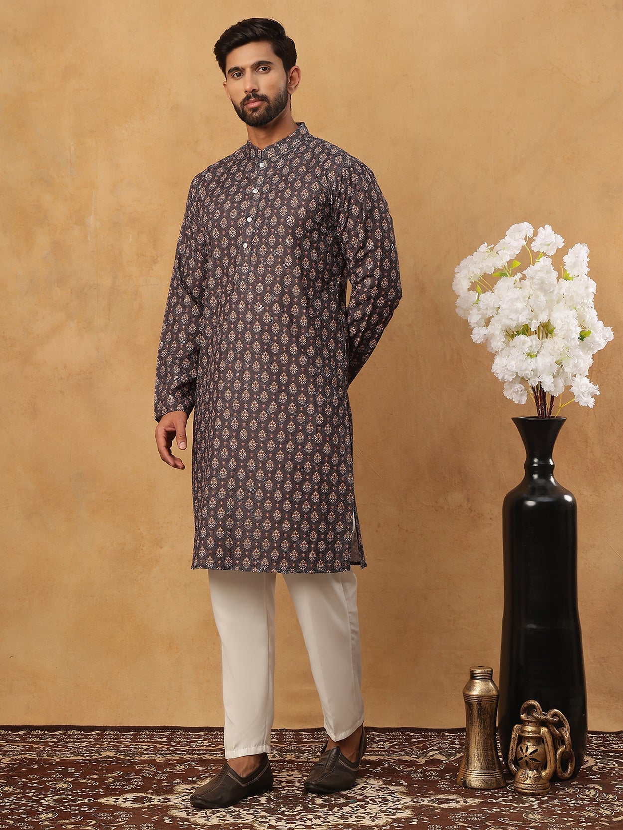 Festive Cotton Blend Printed Kurta Pyjama Set (65KP 5434 Grey ) [FF] [Q-11-14]