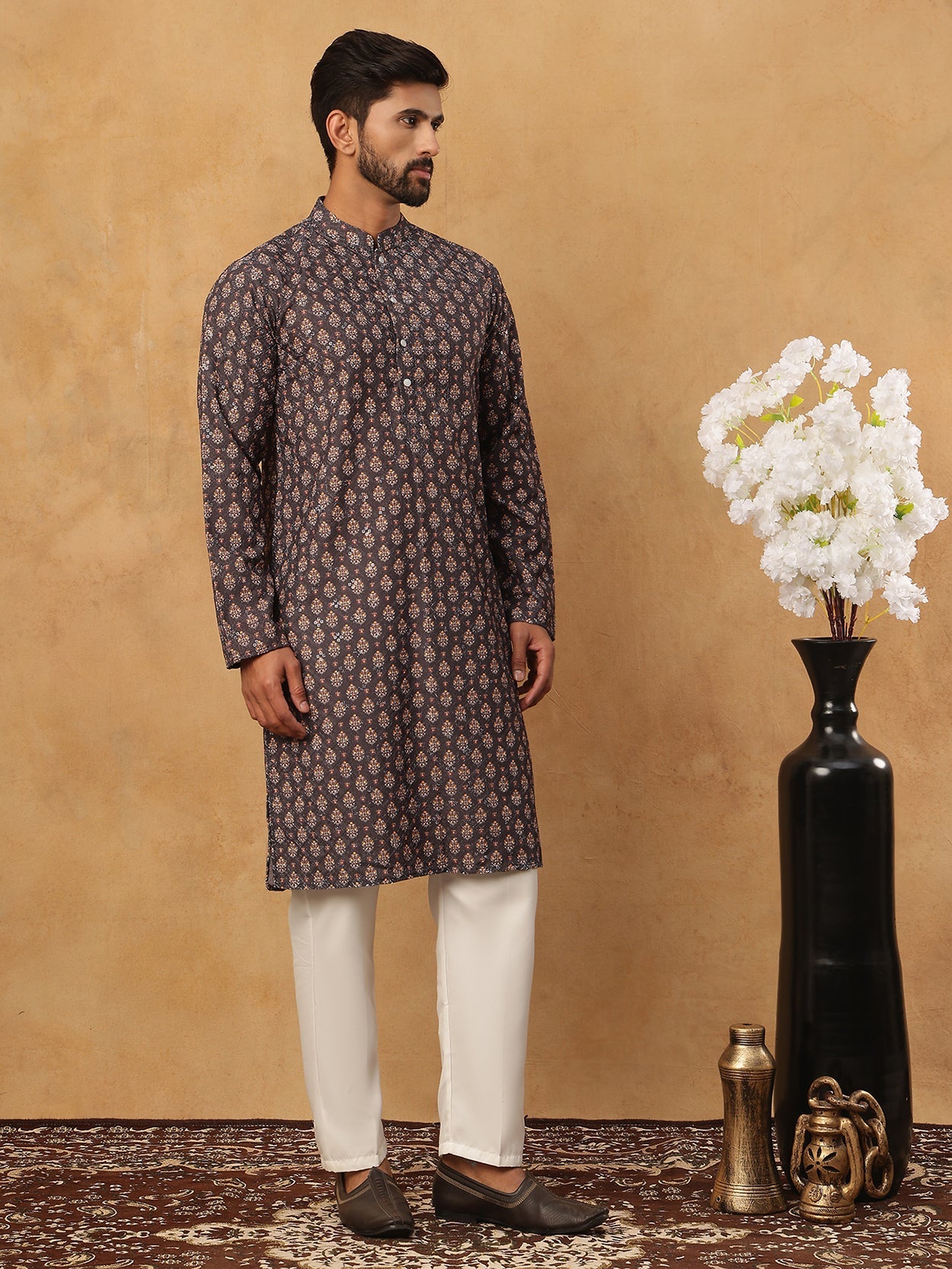 Festive Cotton Blend Printed Kurta Pyjama Set (65KP 5434 Grey ) [FF] [Q-11-14]
