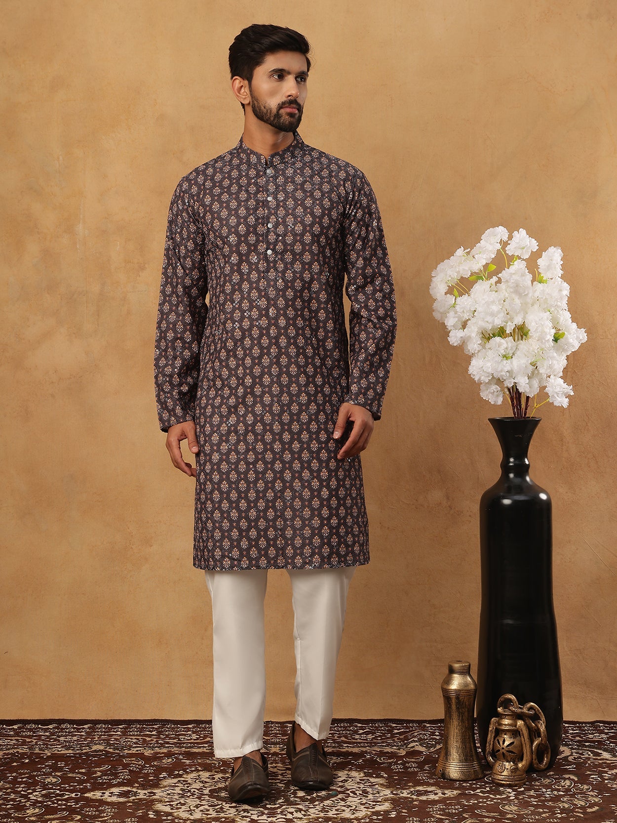 Festive Cotton Blend Printed Kurta Pyjama Set (65KP 5434 Grey ) [FF] [Q-11-14]