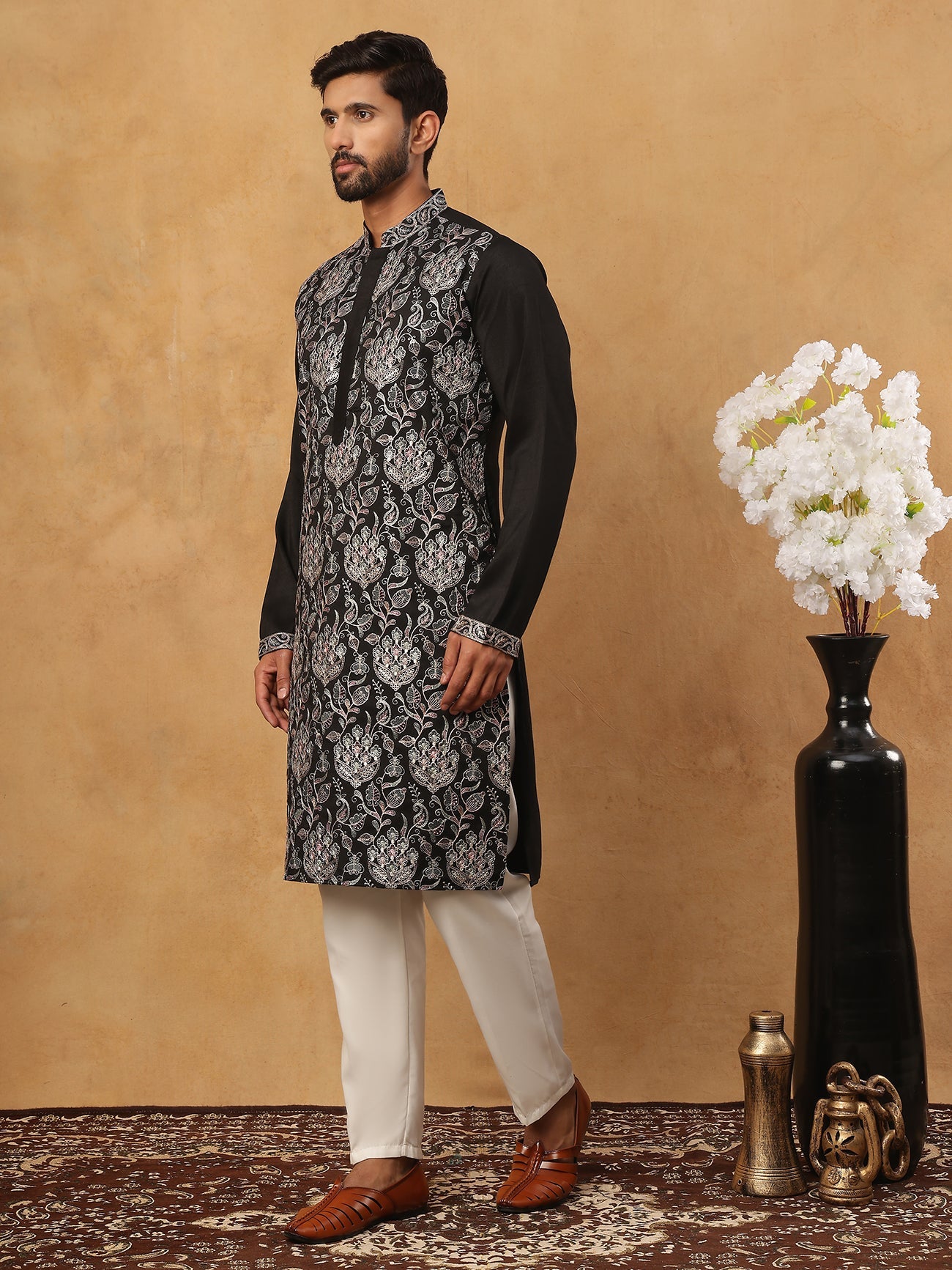 Silk Blend Embroidered Kurta with Pyjama (65KP 5435 Black ) [FF] [Q-11-14]