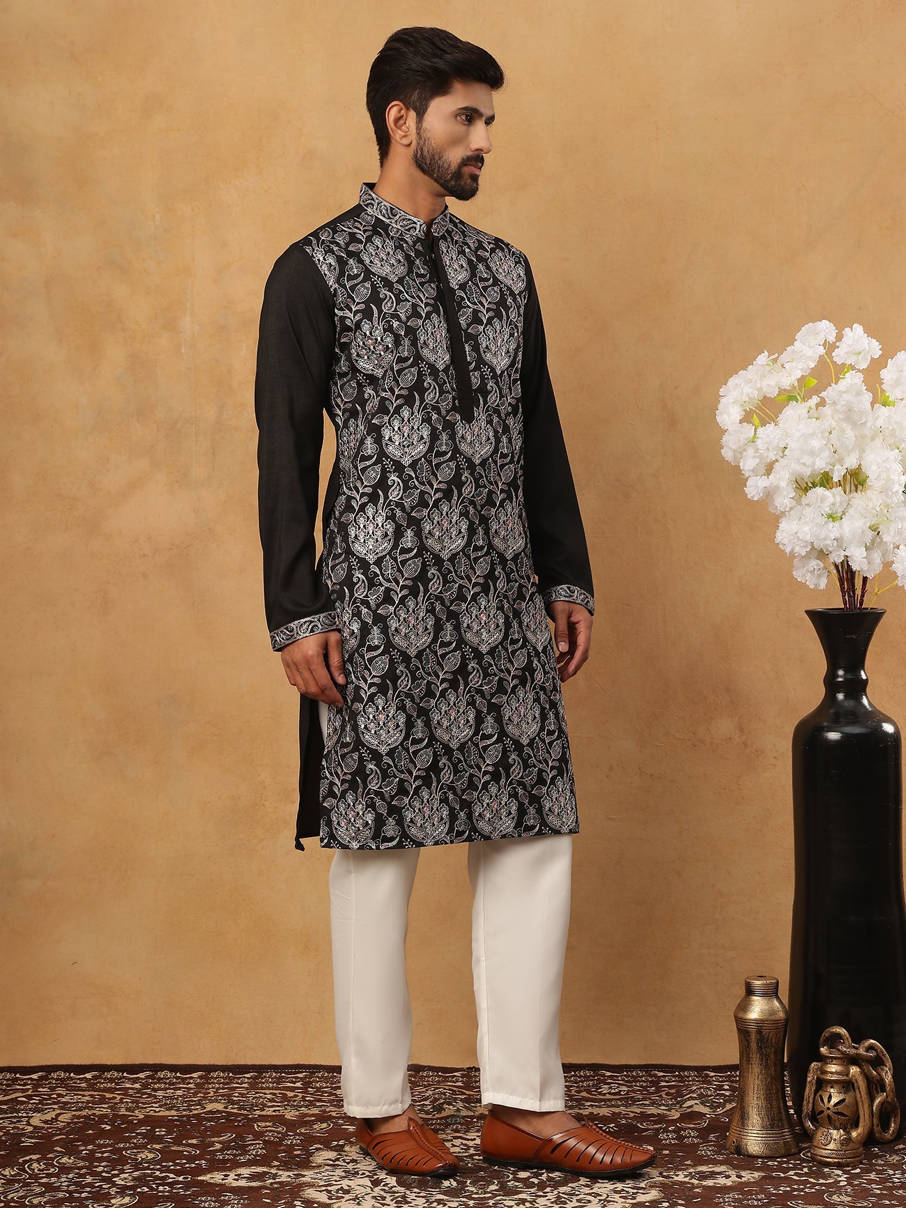 Silk Blend Embroidered Kurta with Pyjama (65KP 5435 Black ) [FF] [Q-11-14]