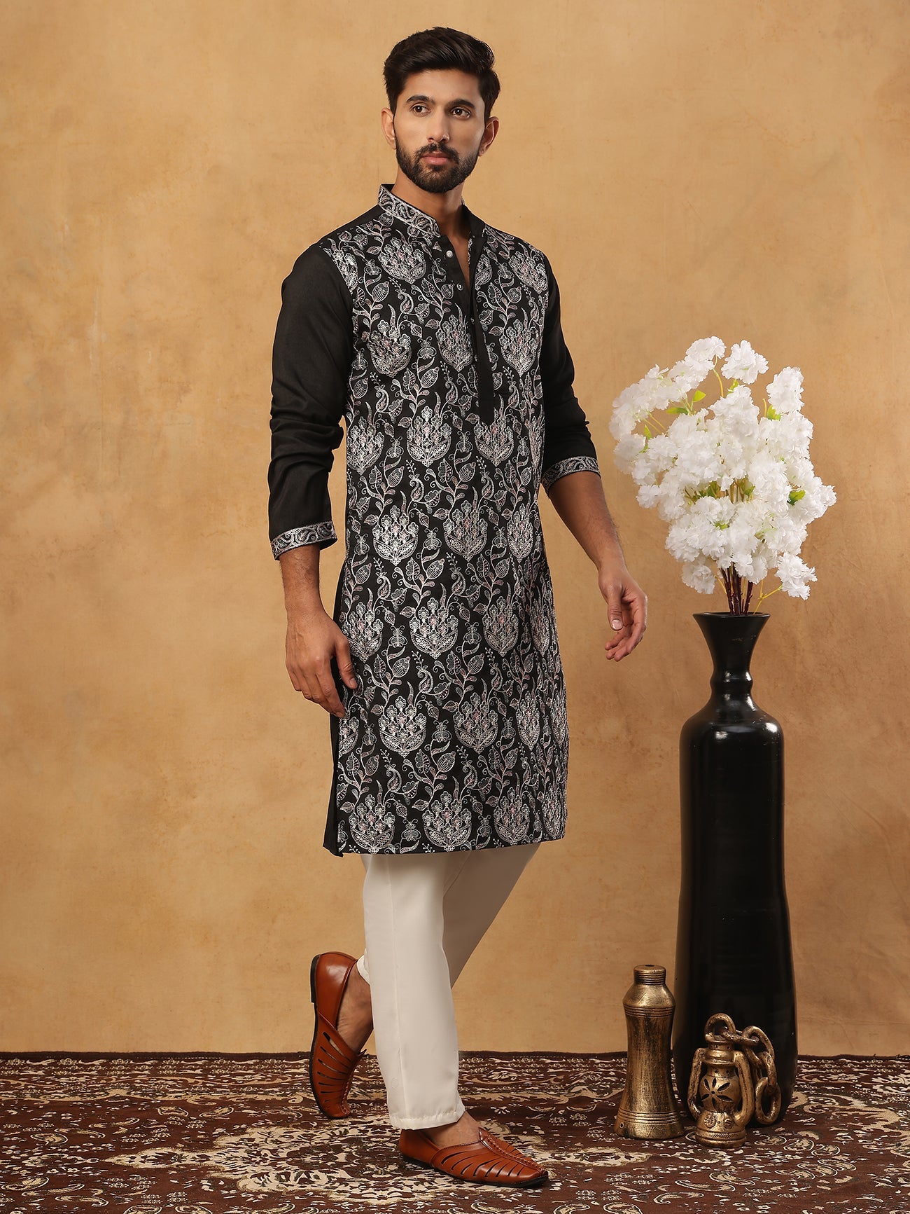 Silk Blend Embroidered Kurta with Pyjama (65KP 5435 Black ) [FF] [Q-11-14]