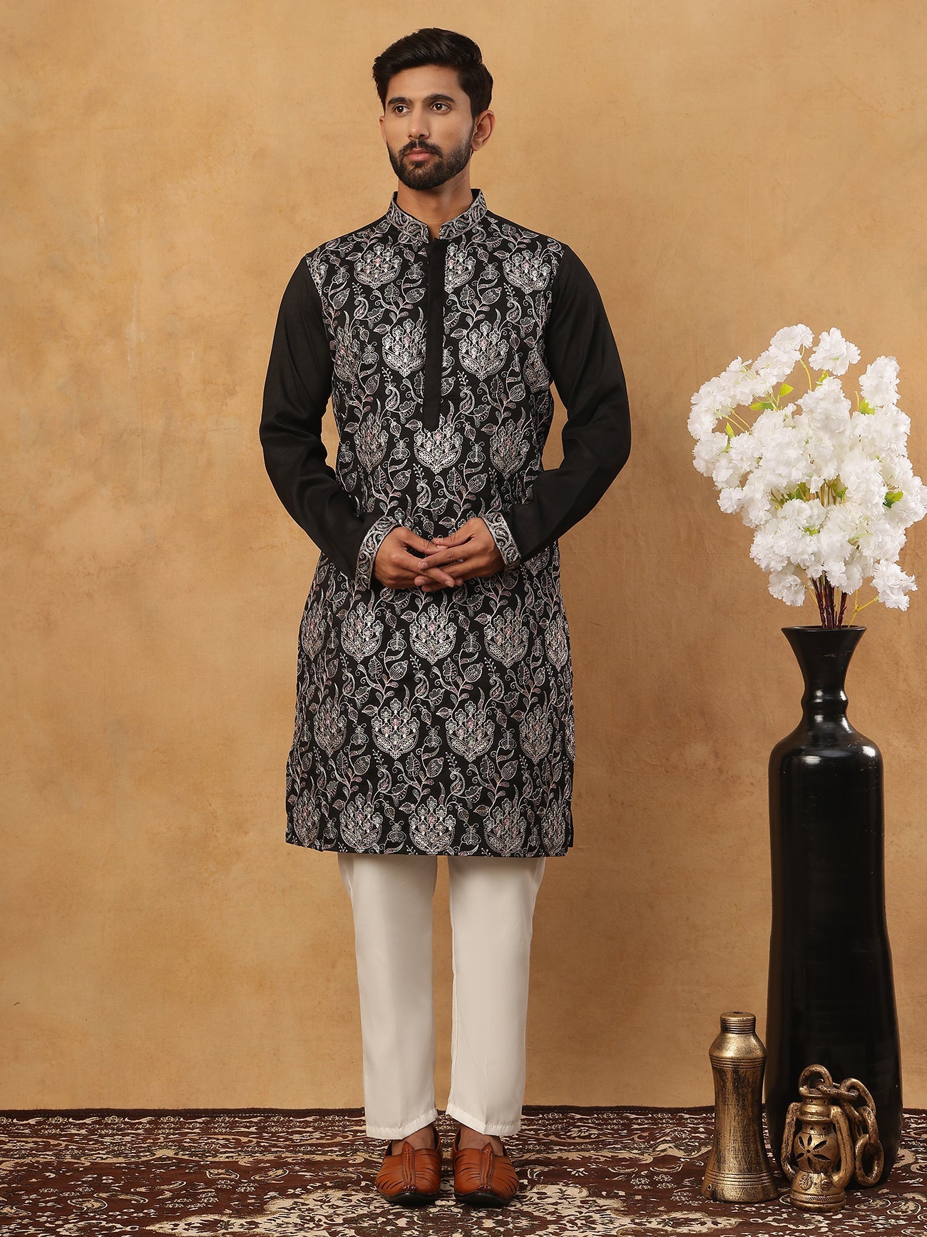 Silk Blend Embroidered Kurta with Pyjama (65KP 5435 Black ) [FF] [Q-11-14]