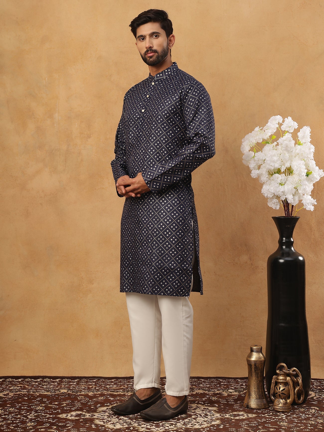 Festive Cotton Blend Printed Kurta Pyjama Set (65KP 5436 Navy ) [FF] [Q-11-14]