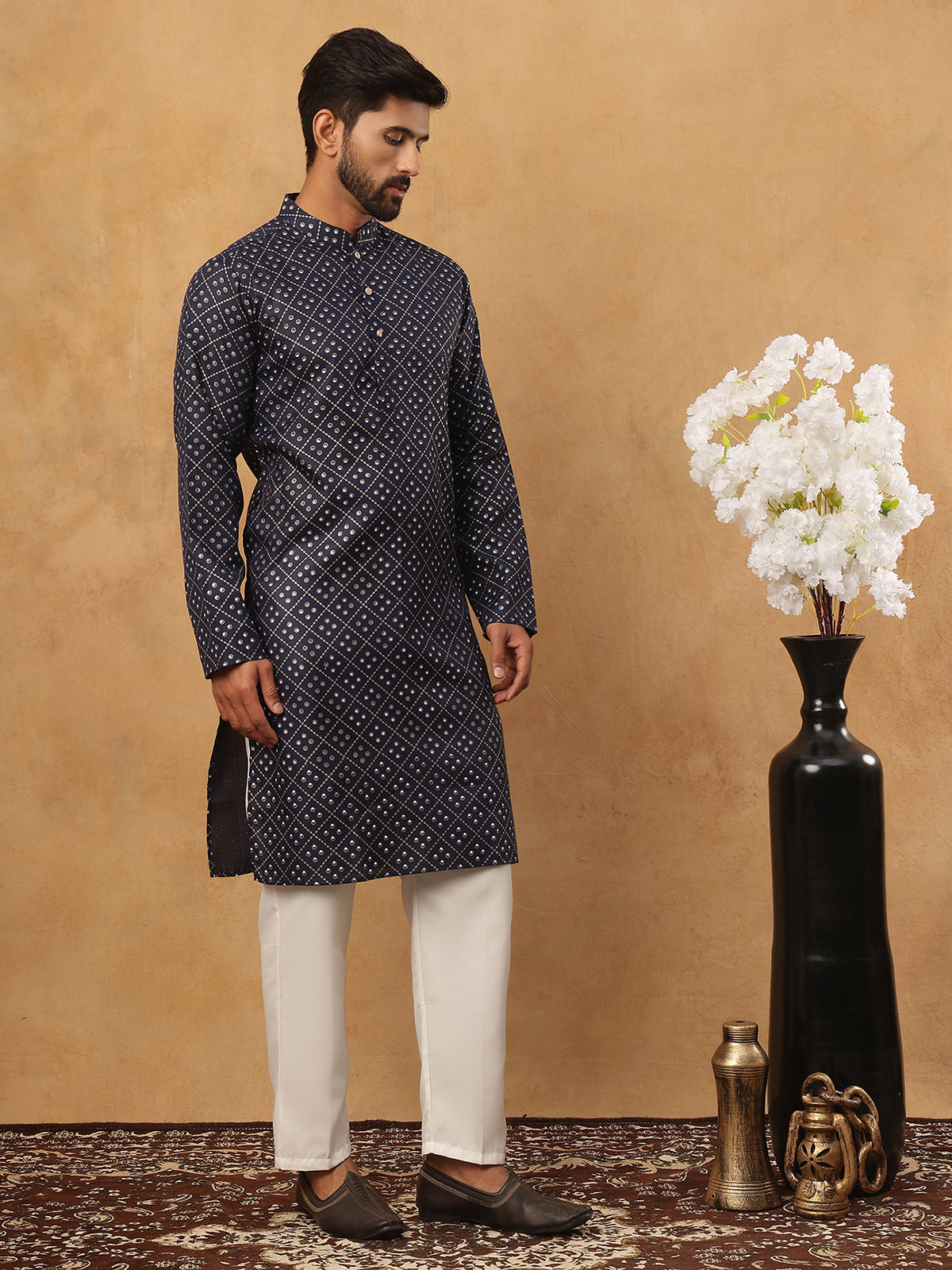 Festive Cotton Blend Printed Kurta Pyjama Set (65KP 5436 Navy ) [FF] [Q-11-14]