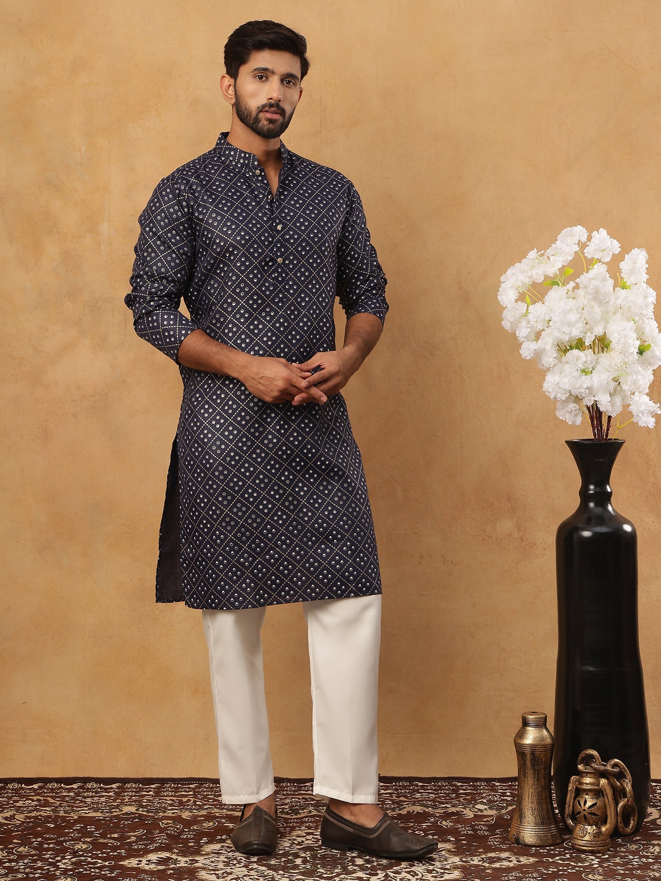 Festive Cotton Blend Printed Kurta Pyjama Set (65KP 5436 Navy ) [FF] [Q-11-14]