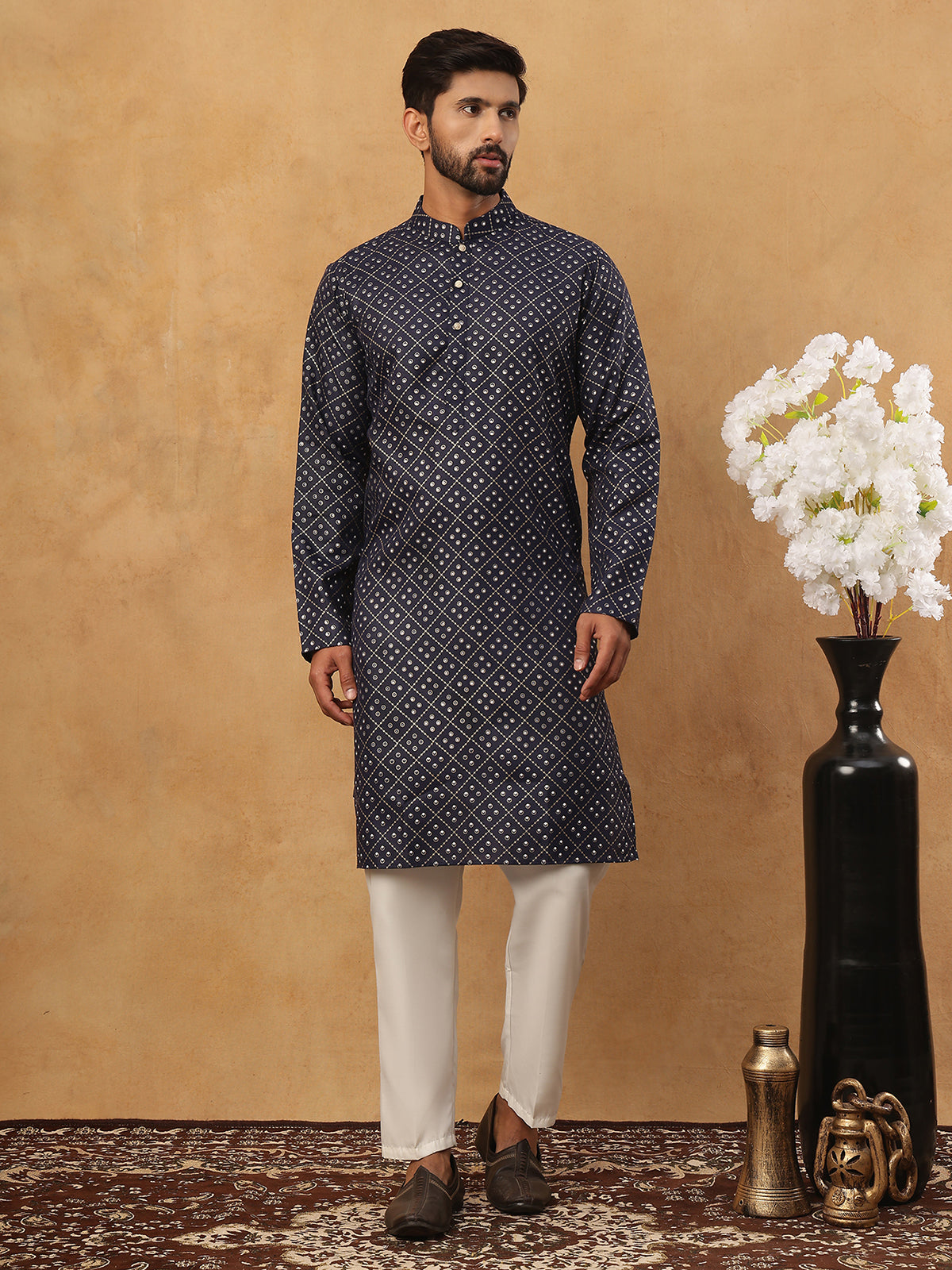Festive Cotton Blend Printed Kurta Pyjama Set (65KP 5436 Navy ) [FF] [Q-11-14]