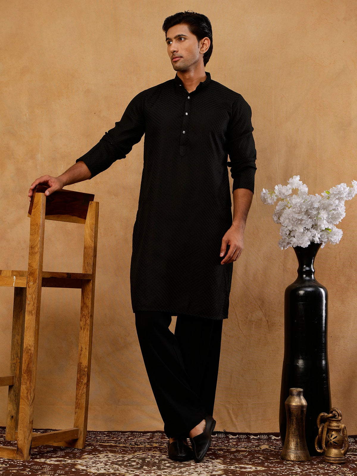 Viscose Rayon Embroidered Kurta with Korean Pants ( 65KP PJ11B R 5441 Black )