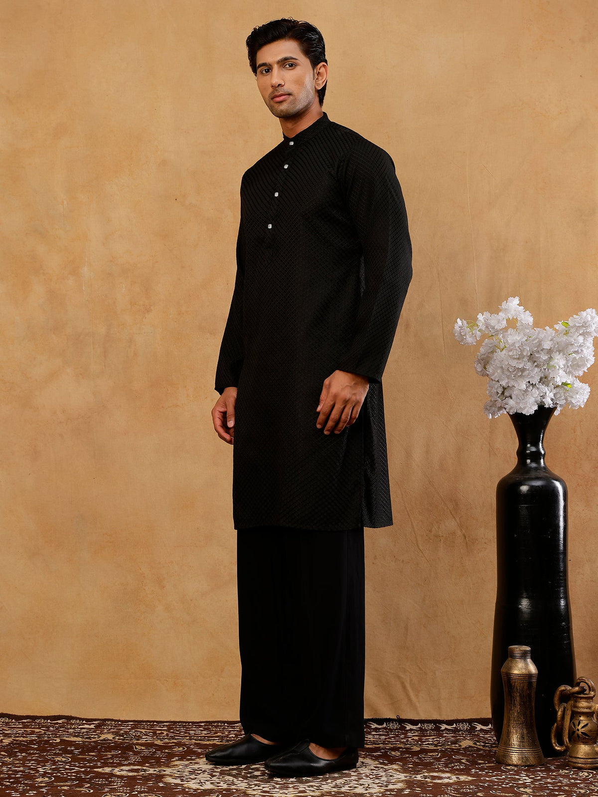 Viscose Rayon Embroidered Kurta with Korean Pants ( 65KP PJ11B R 5441 Black )