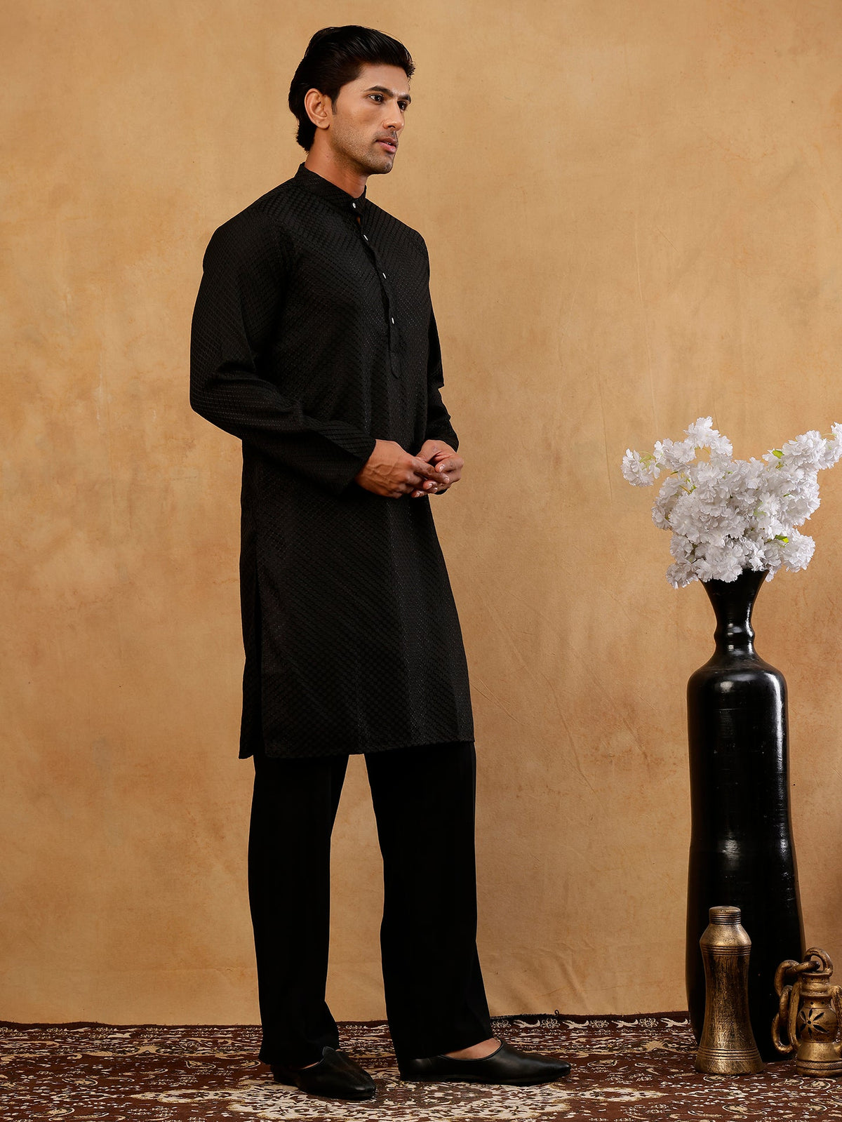 Viscose Rayon Embroidered Kurta with Korean Pants ( 65KP PJ11B R 5441 Black )