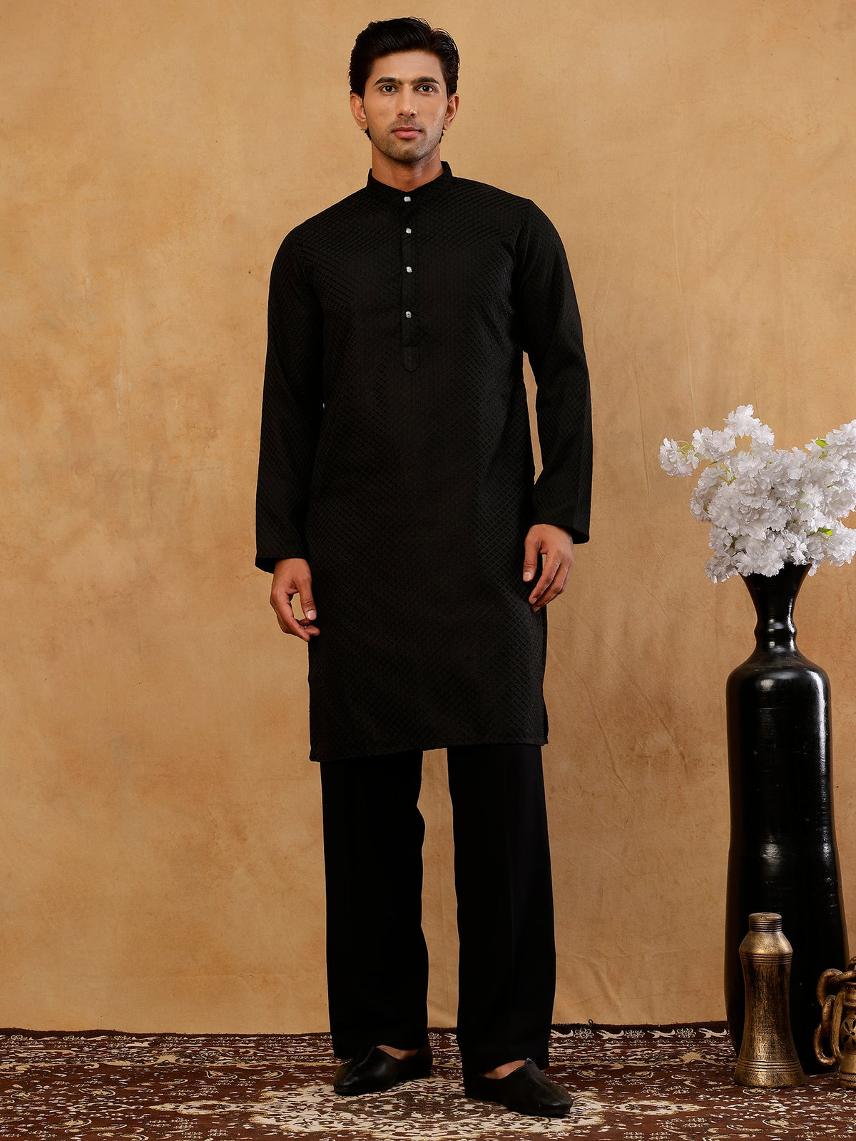 Viscose Rayon Embroidered Kurta with Korean Pants ( 65KP PJ11B R 5441 Black )