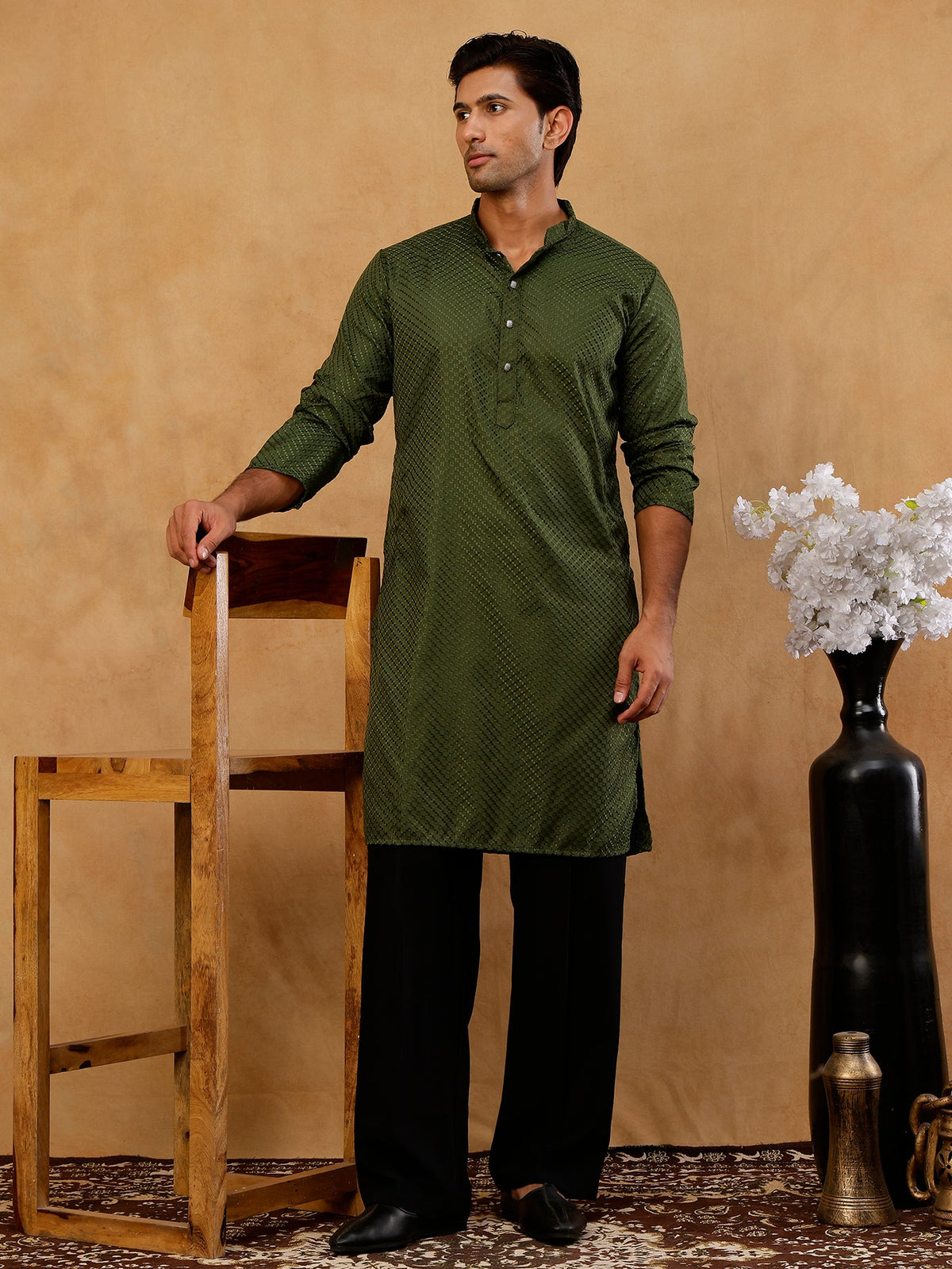 Viscose Rayon Embroidered Kurta with Korean Pants ( 65KP PJ11B R 5441 Olive )