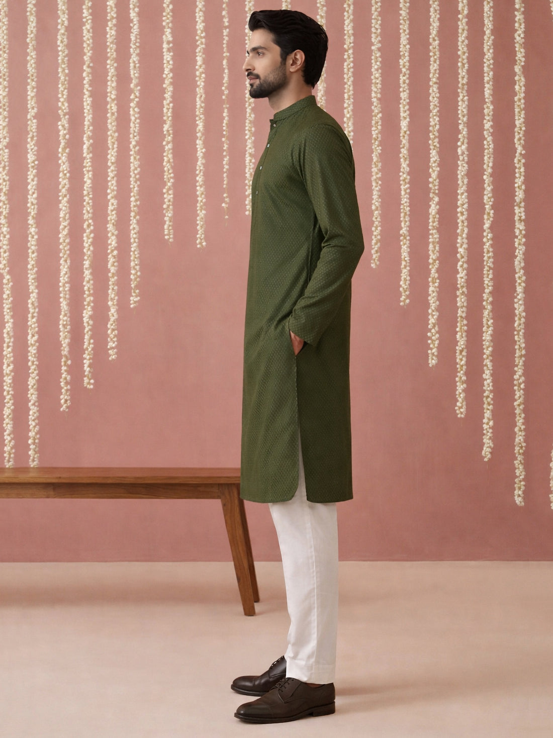 Embroidered Kurta Pyjama Set for Men ( 65KP P 5441Olive S ) [FF] [O-6]