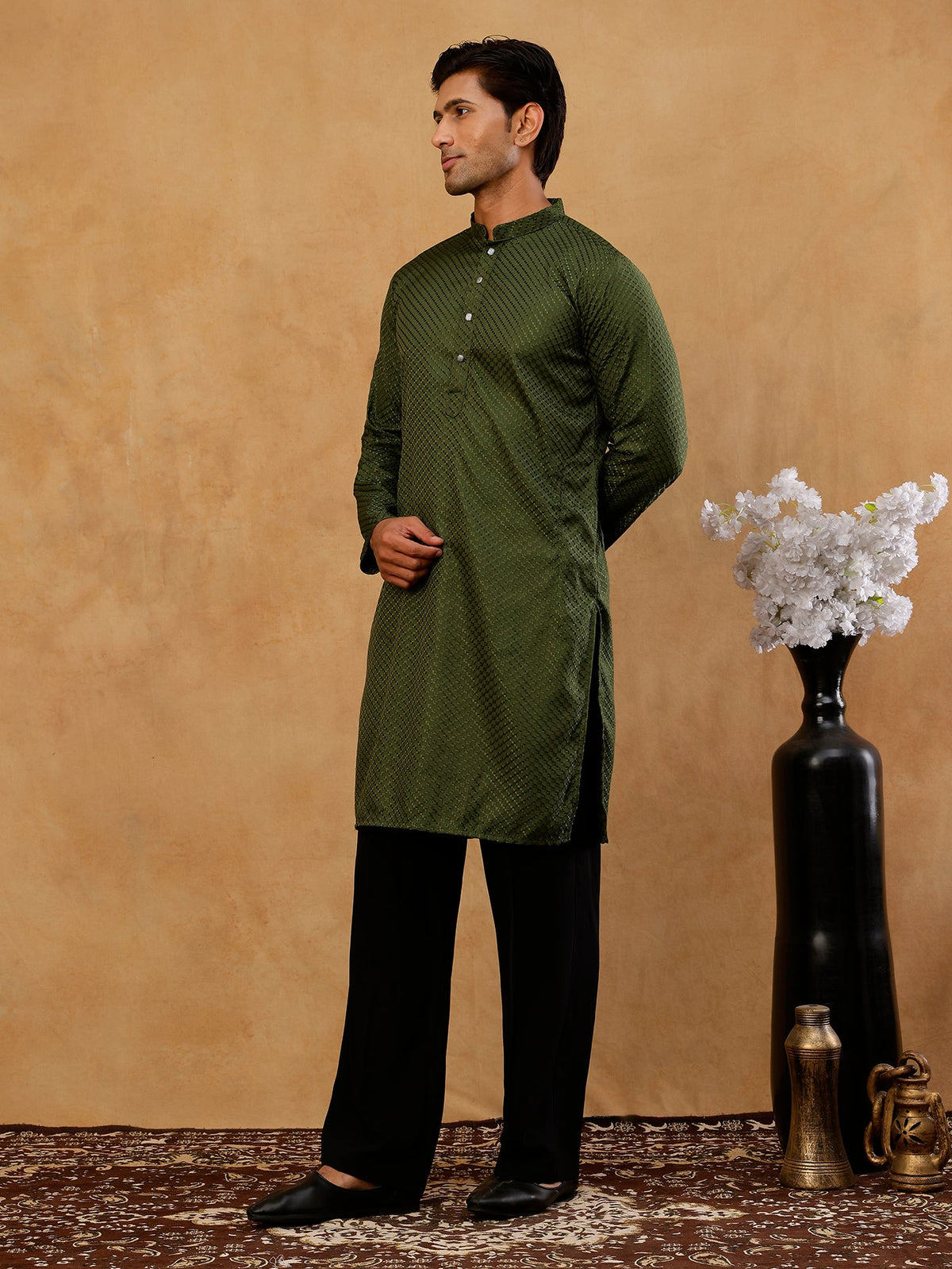 Viscose Rayon Embroidered Kurta with Korean Pants ( 65KP PJ11B R 5441 Olive )