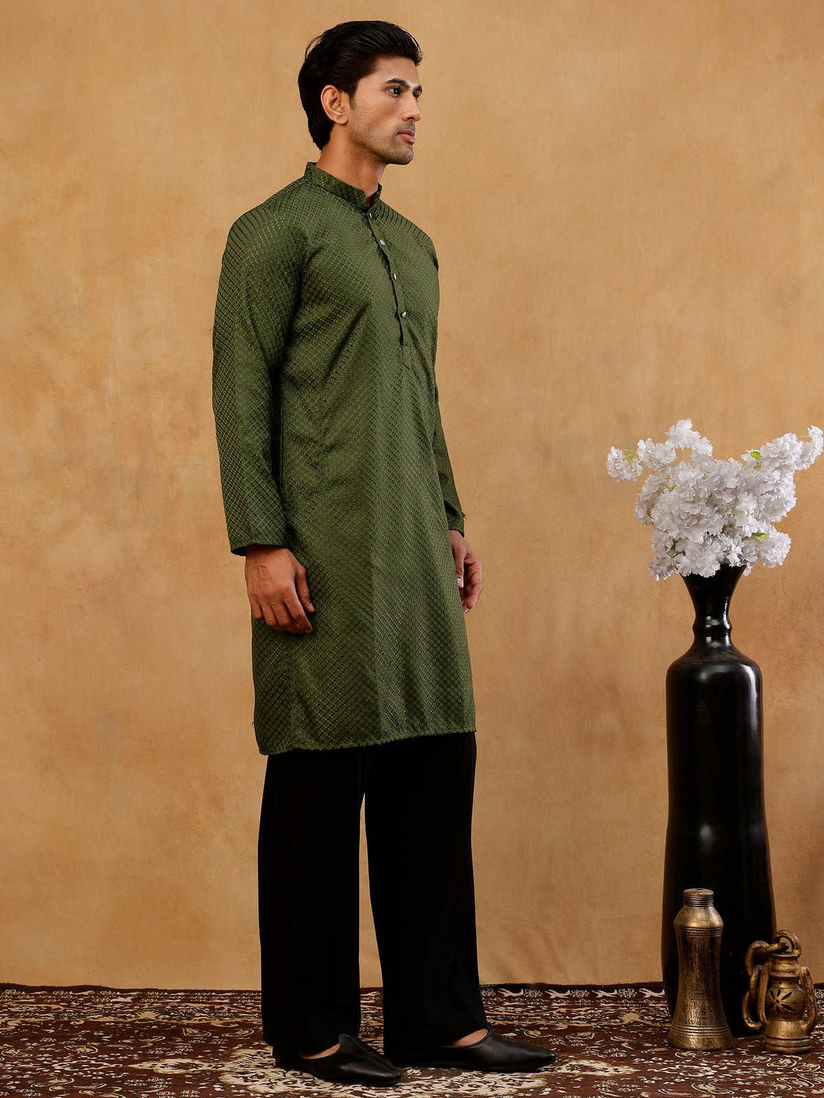 Viscose Rayon Embroidered Kurta with Korean Pants ( 65KP PJ11B R 5441 Olive )