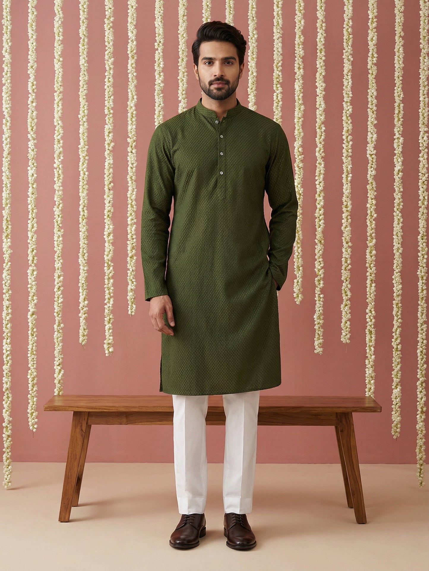Embroidered Kurta Pyjama Set for Men ( 65KP P 5441Olive S ) [FF] [O-6]