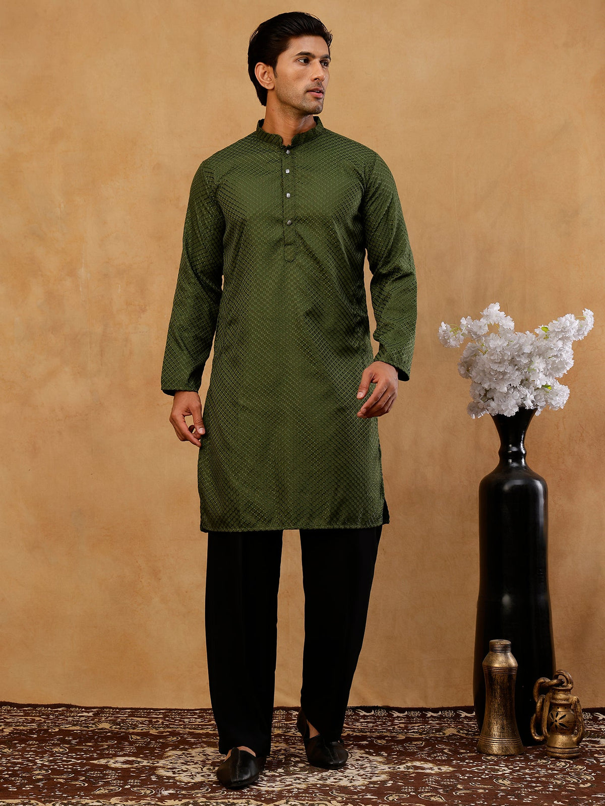 Viscose Rayon Embroidered Kurta with Korean Pants ( 65KP PJ11B R 5441 Olive )