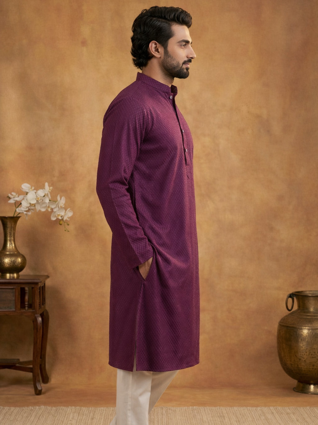 Embroidered Kurta Pyjama Set for Men ( 65KP P 5441Purple S ) [FF] [O-6]