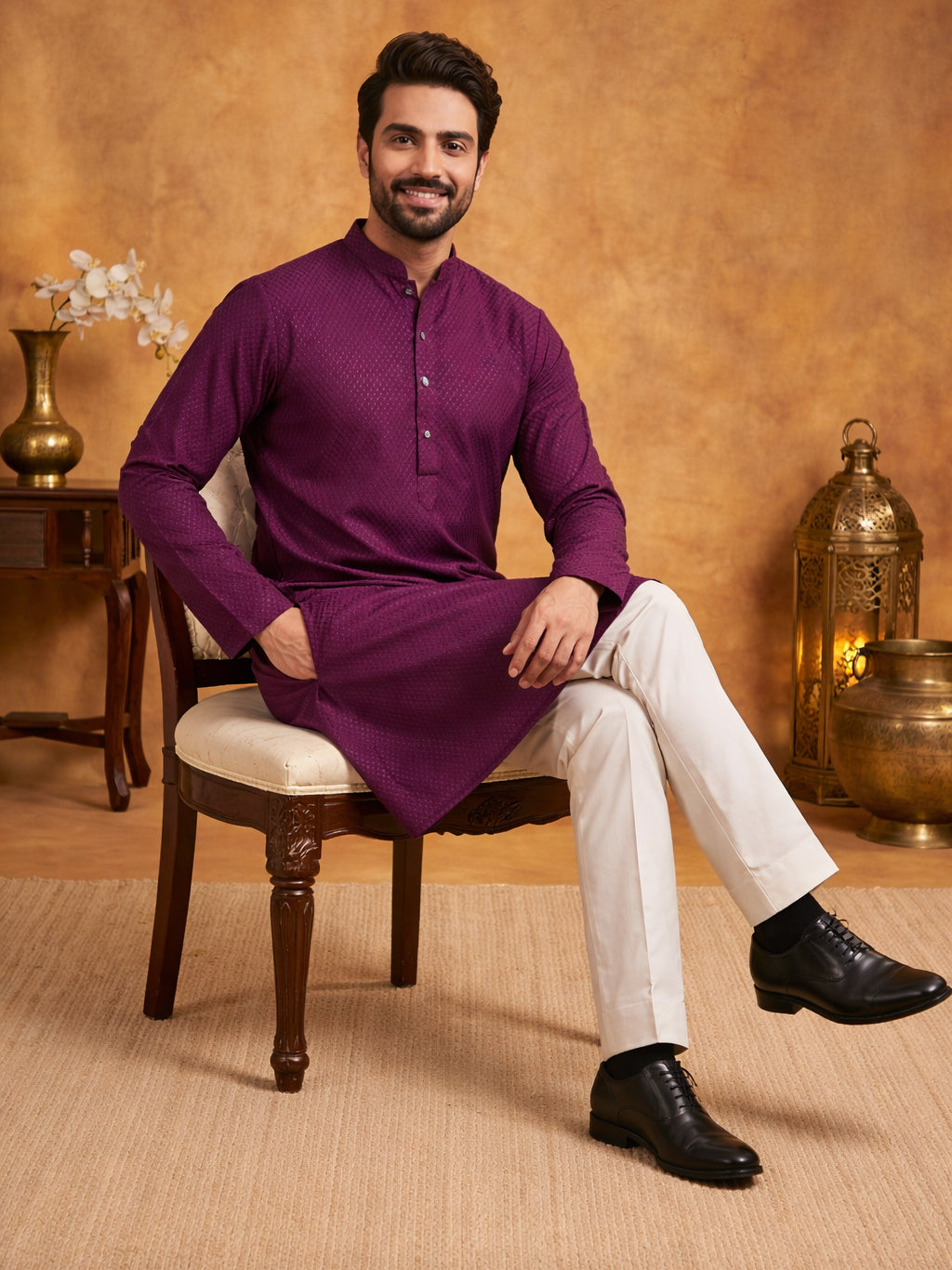Embroidered Kurta Pyjama Set for Men ( 65KP P 5441Purple S ) [FF] [O-6]