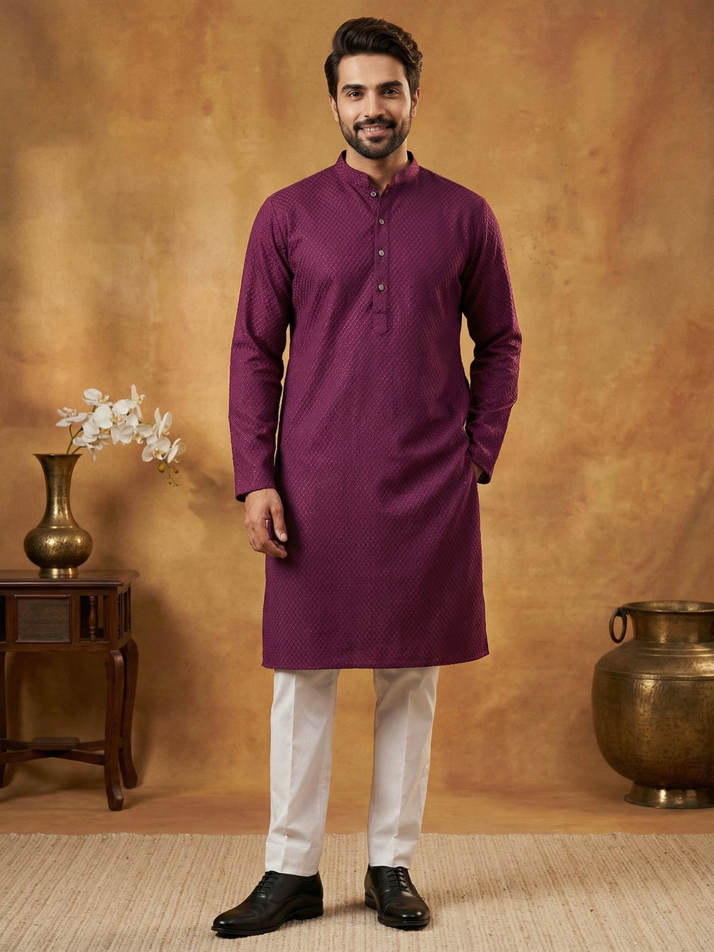 Embroidered Kurta Pyjama Set for Men ( 65KP P 5441Purple S ) [FF] [O-6]