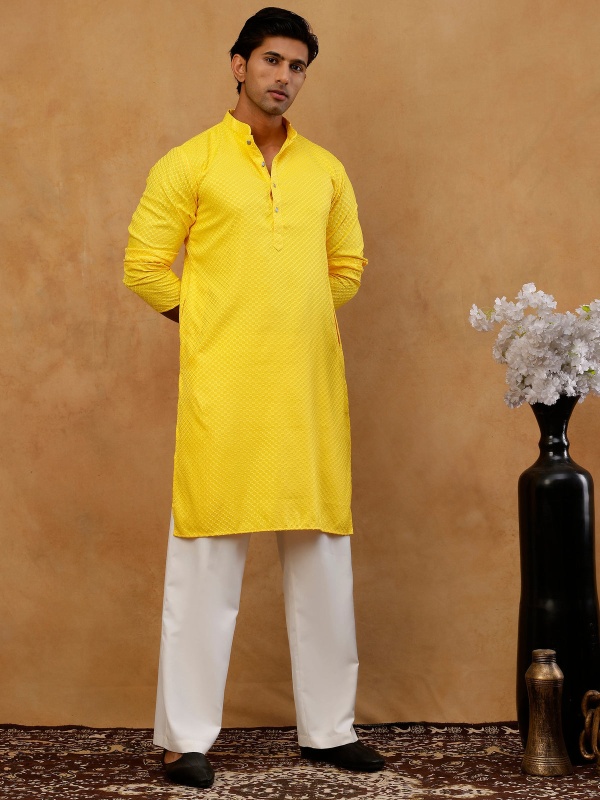 Viscose Rayon Embroidered Kurta with Korean Pants ( 65KP PJ11W R 5441 Yellow )