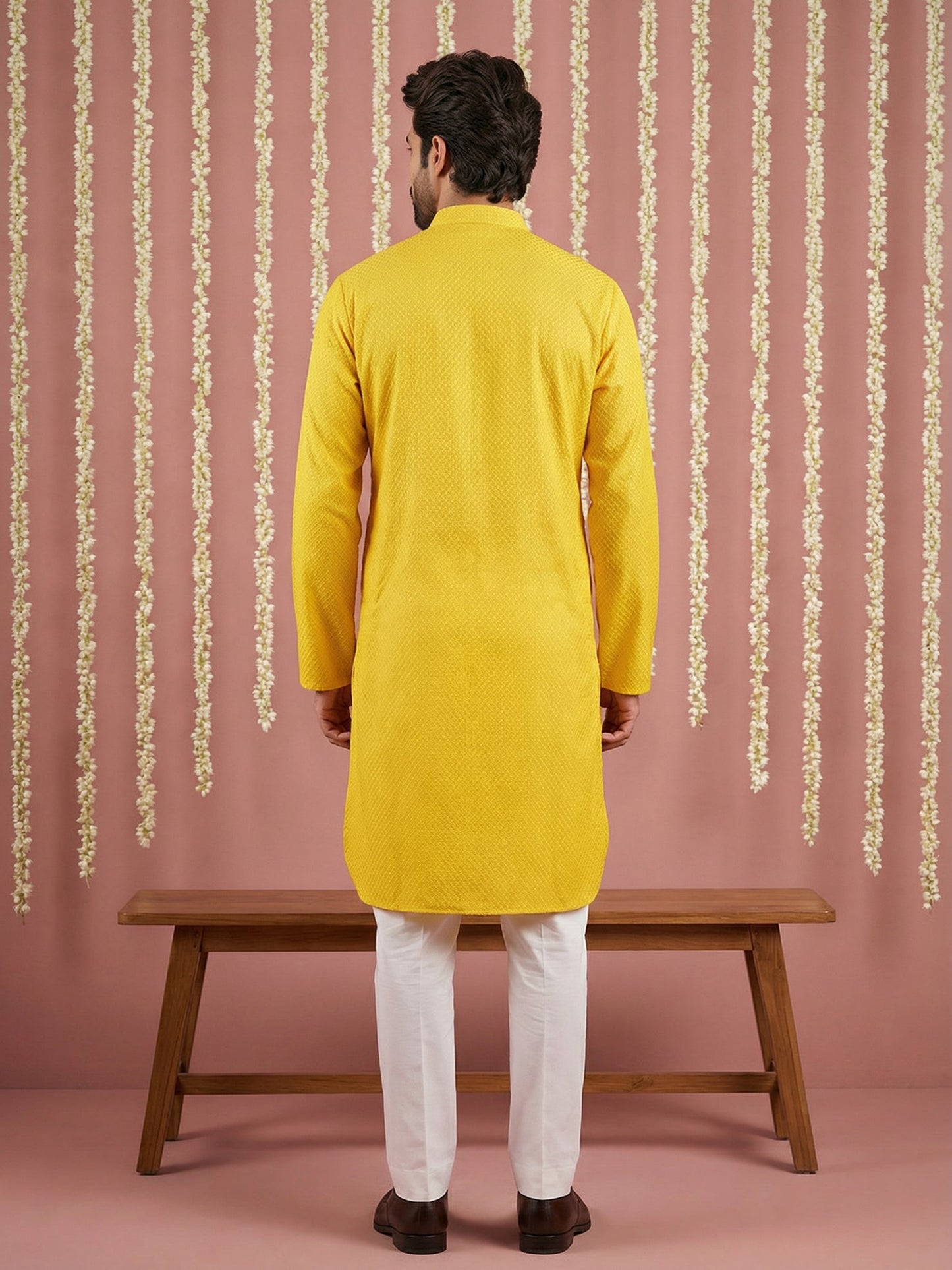 Embroidered Kurta Pyjama Set for Men ( 65KP P 5441Yellow S ) [FF] [O-6]