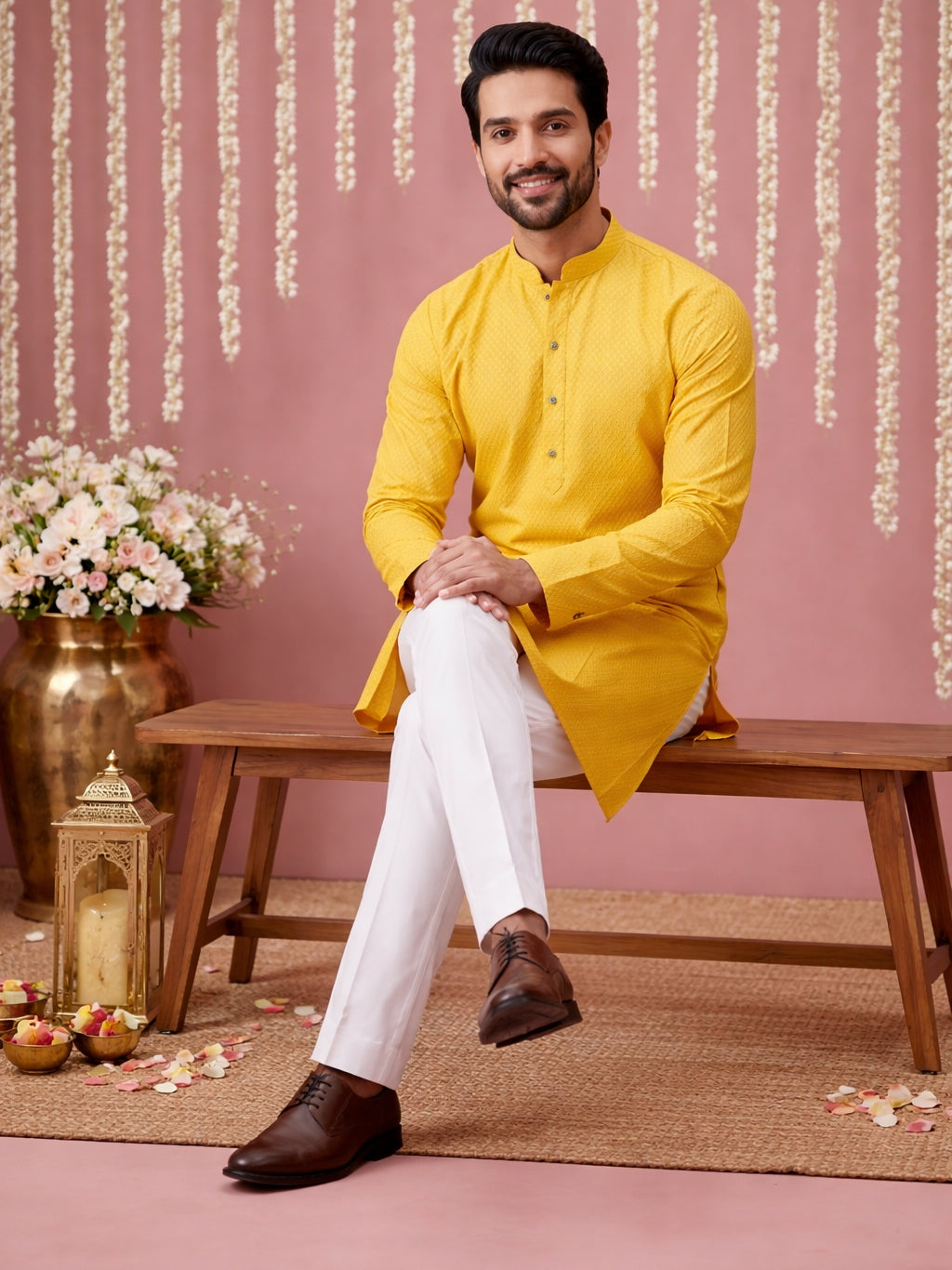 Embroidered Kurta Pyjama Set for Men ( 65KP P 5441Yellow S ) [FF] [O-6]