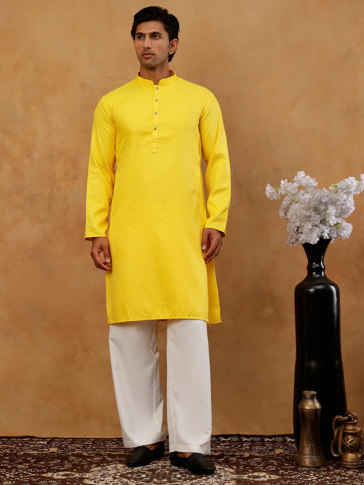 Viscose Rayon Embroidered Kurta with Korean Pants ( 65KP PJ11W R 5441 Yellow )