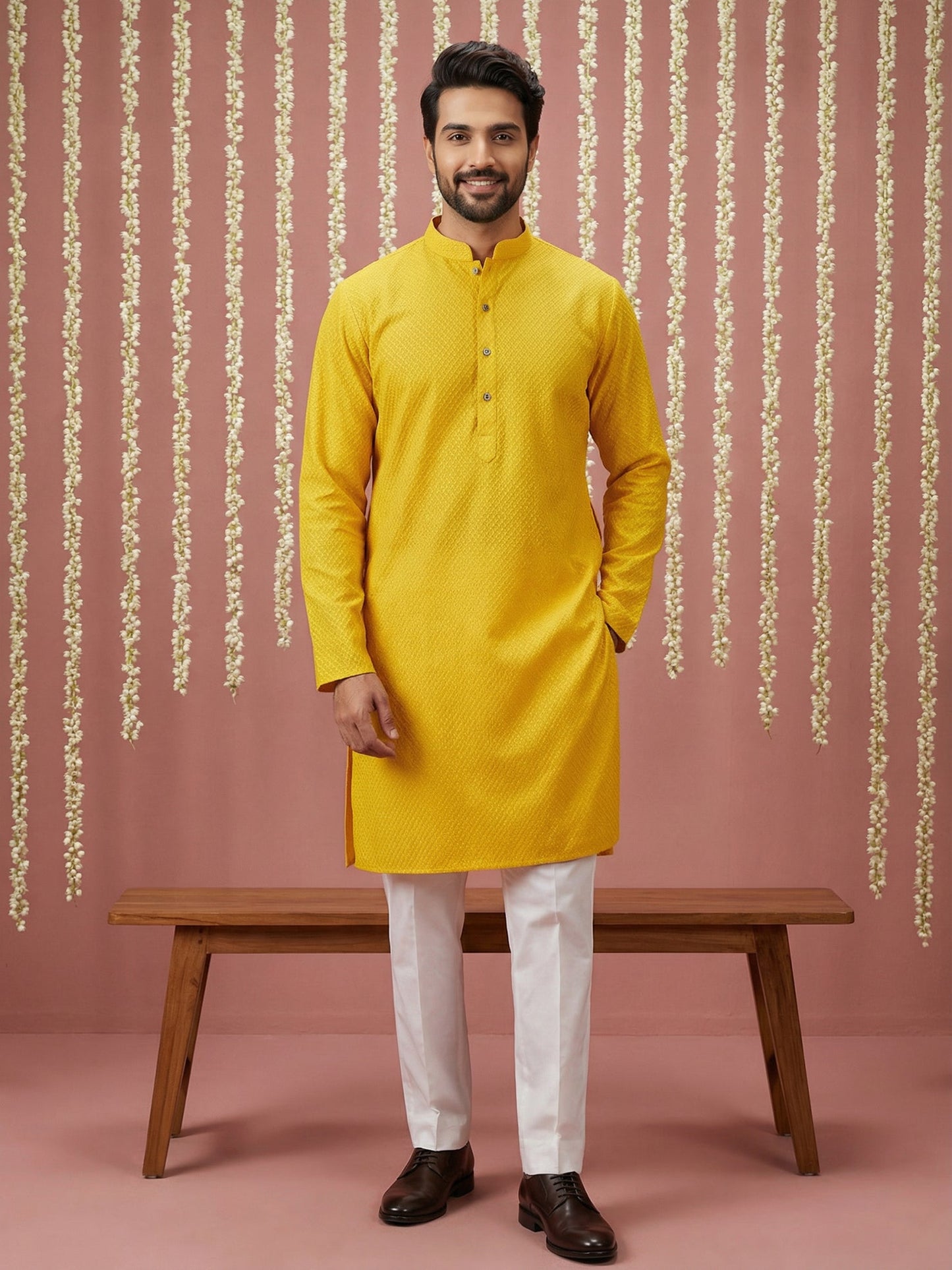 Embroidered Kurta Pyjama Set for Men ( 65KP P 5441Yellow S ) [FF] [O-6]