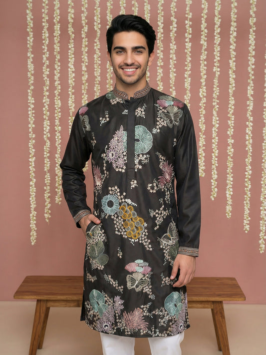 Black Silk Blend Embroidered Kurta Pyjama ( 65KP P 5444Black S ) [FF] [O-6]