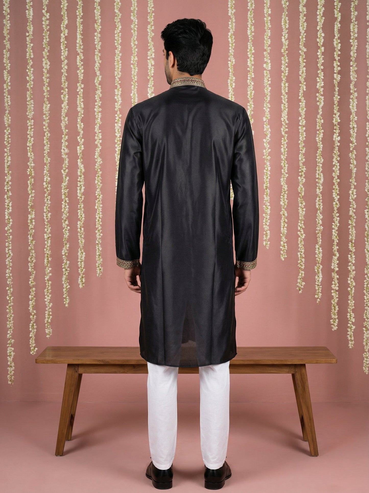 Black Silk Blend Embroidered Kurta Pyjama ( 65KP P 5444Black S ) [FF] [O-6]