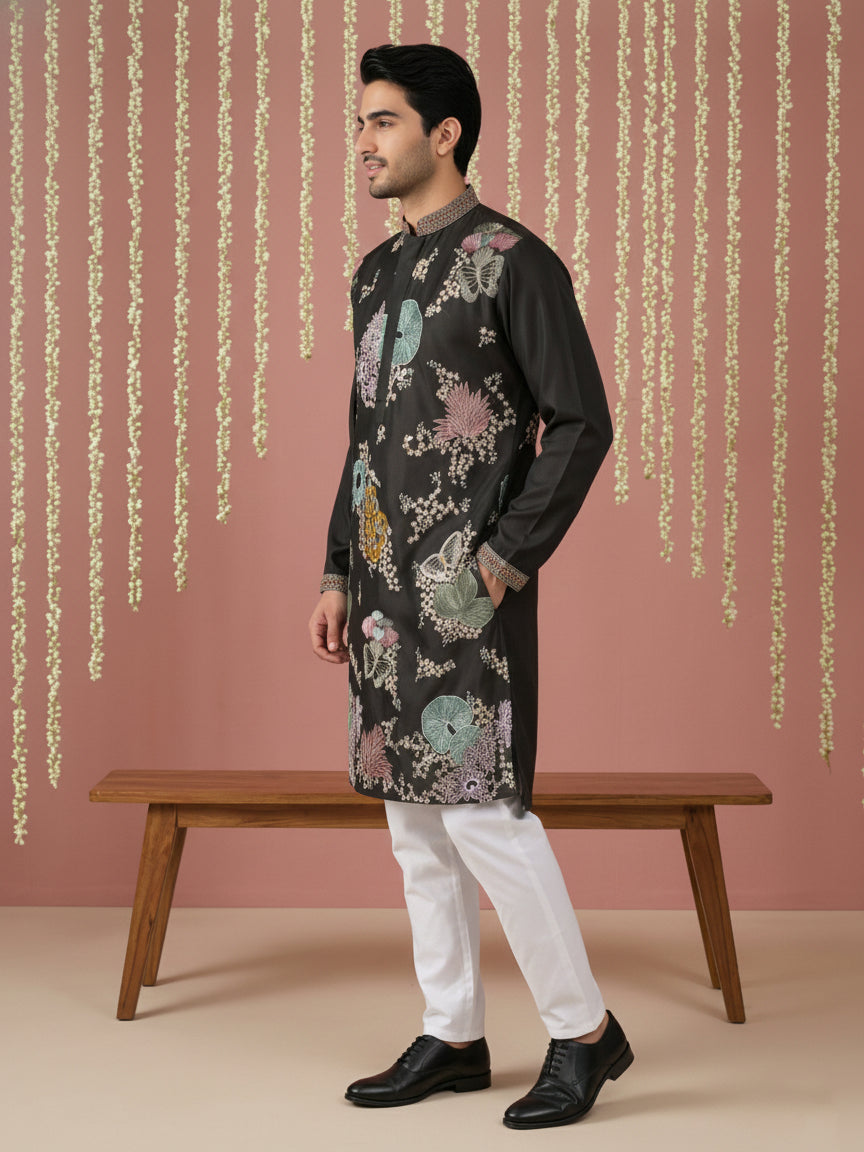 Black Silk Blend Embroidered Kurta Pyjama ( 65KP P 5444Black S ) [FF] [O-6]