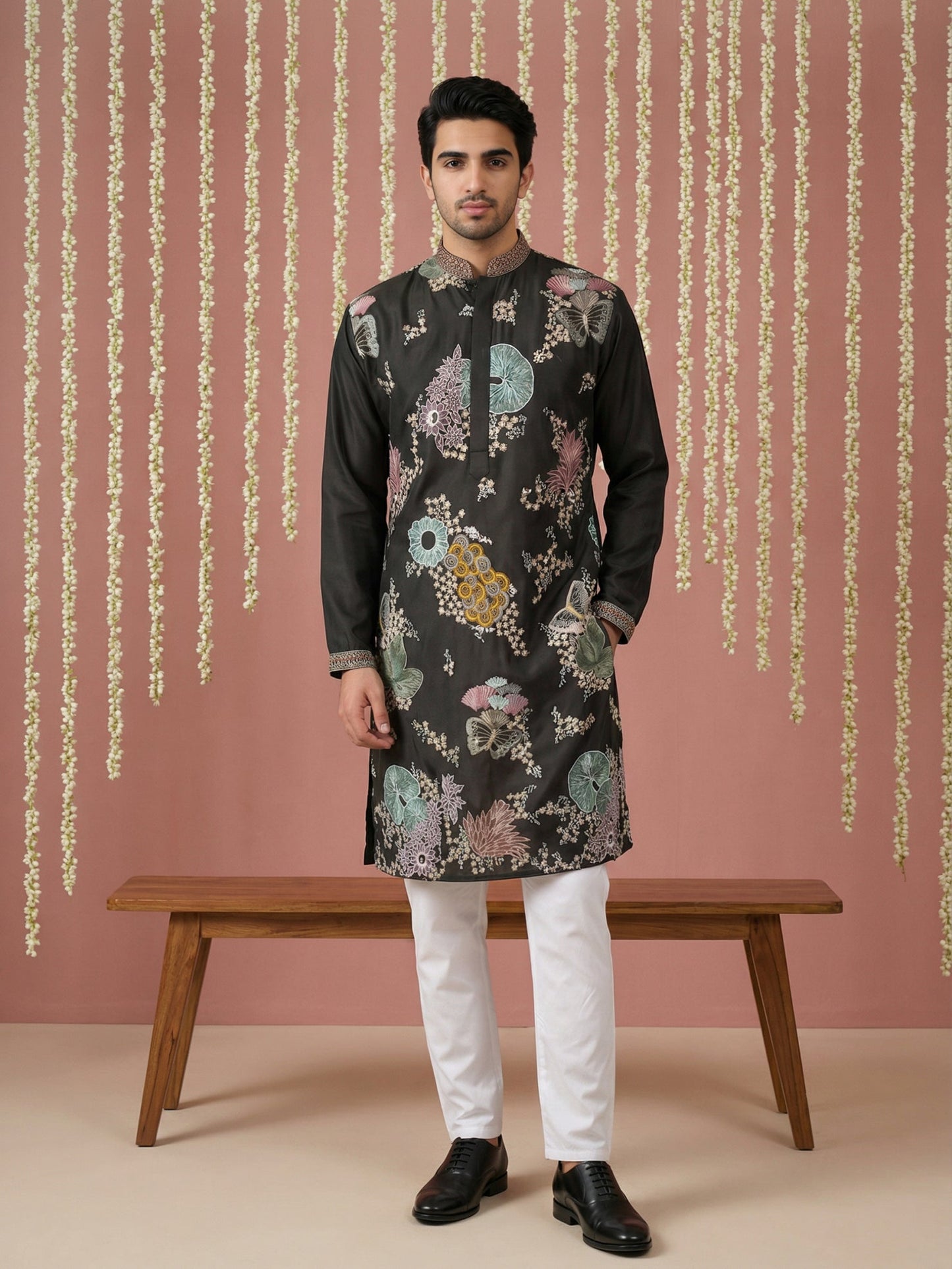 Black Silk Blend Embroidered Kurta Pyjama ( 65KP P 5444Black S ) [FF] [O-6]