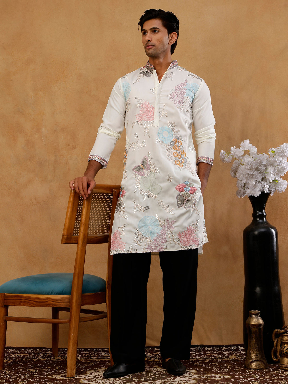 White Silk Blend Embroidered Kurta With Korean Pants ( 65KP PJ11B S 5444 White )