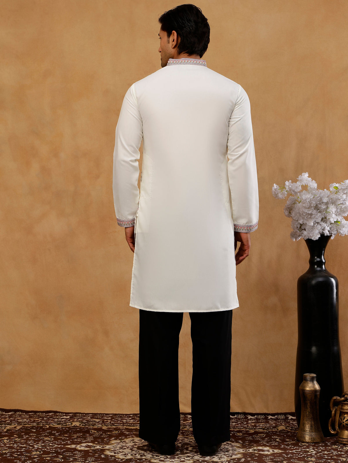 White Silk Blend Embroidered Kurta With Korean Pants ( 65KP PJ11B S 5444 White )