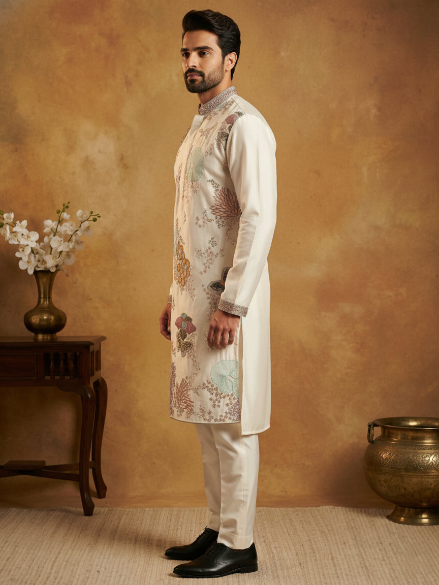 White Silk Blend Embroidered Kurta Pyjama ( 65KP P 5444White S ) [FF] [O-6]