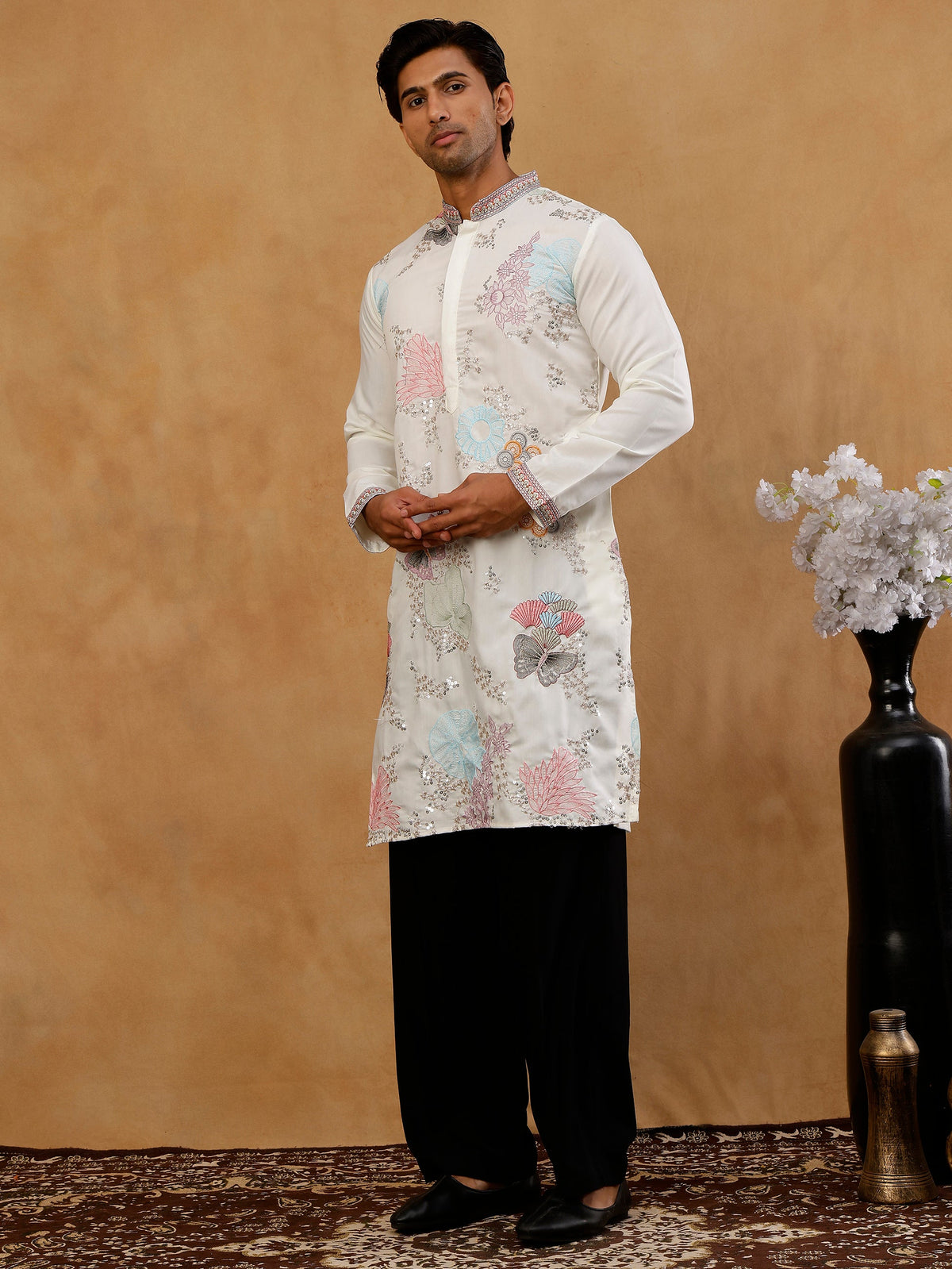 White Silk Blend Embroidered Kurta With Korean Pants ( 65KP PJ11B S 5444 White )