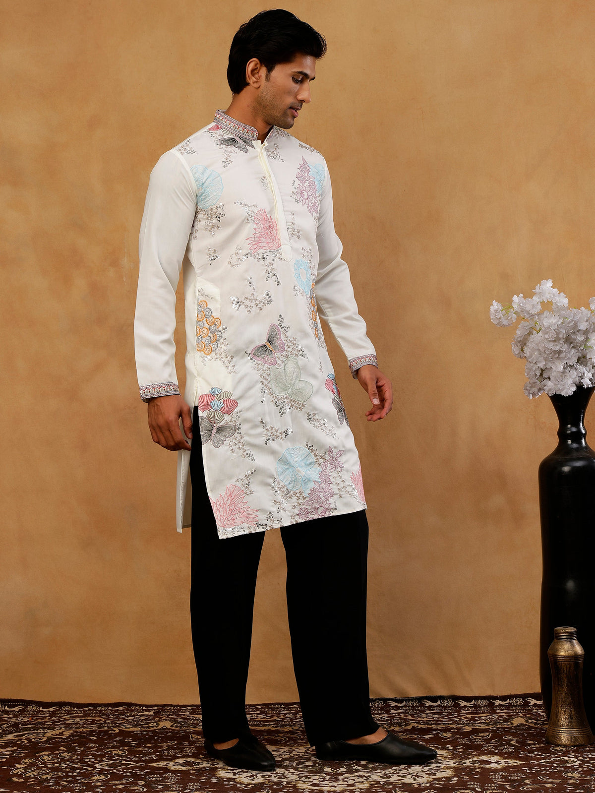 White Silk Blend Embroidered Kurta With Korean Pants ( 65KP PJ11B S 5444 White )