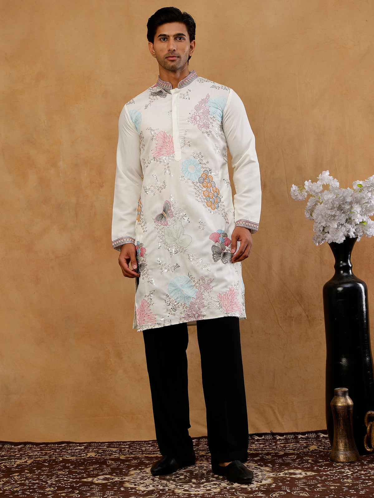 White Silk Blend Embroidered Kurta With Korean Pants ( 65KP PJ11B S 5444 White )